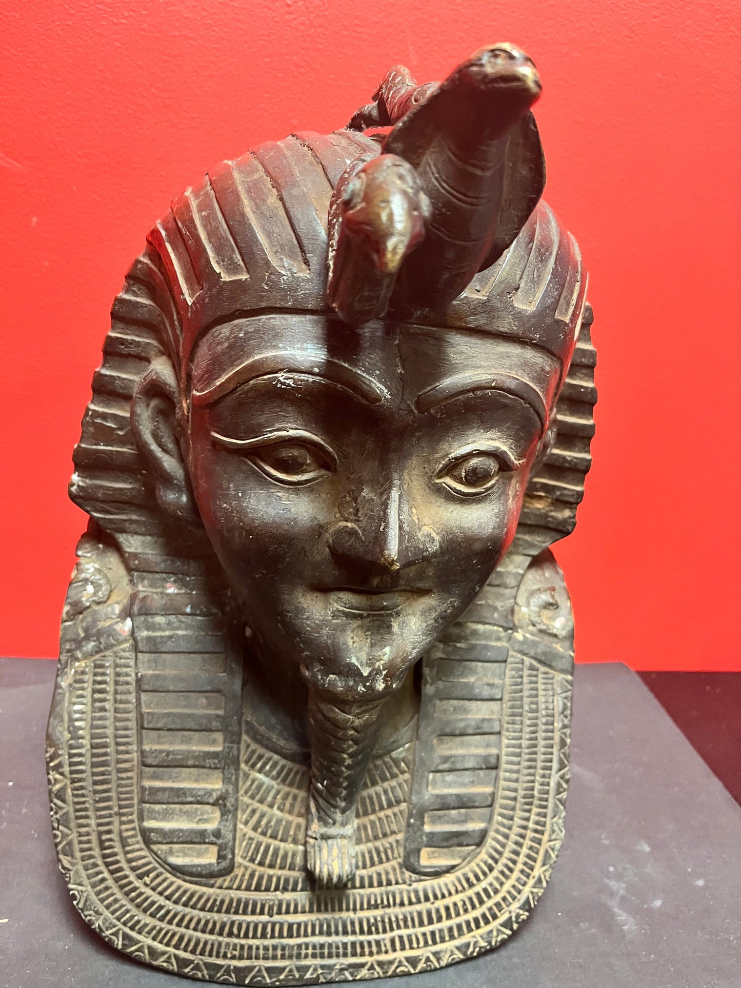 Massive early  19 century or earlier bronze 14 x 10 inch wide Egyptian helmet in the form of a Spinx with snakes coming out of the temple