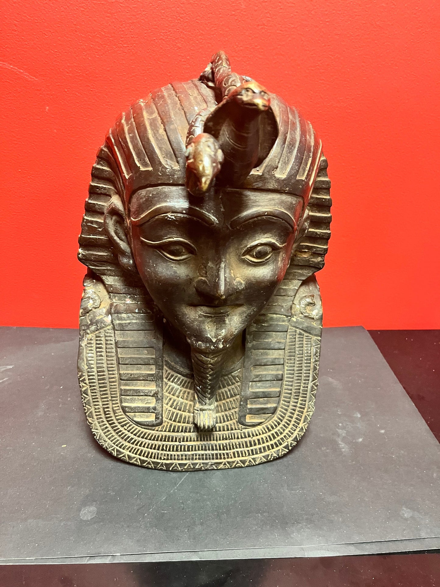 Massive early  19 century or earlier bronze 14 x 10 inch wide Egyptian helmet in the form of a Spinx with snakes coming out of the temple