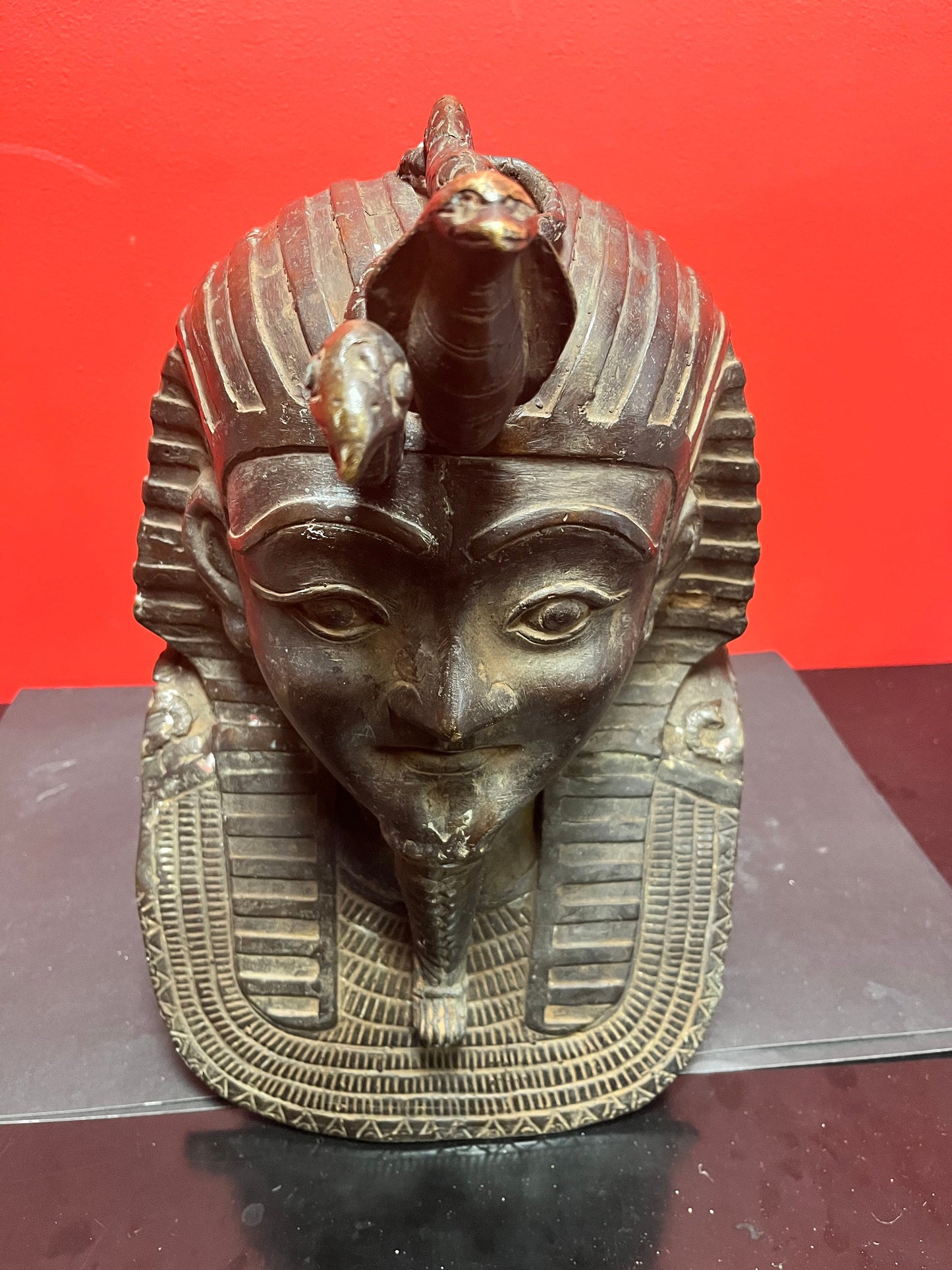 Massive early  19 century or earlier bronze 14 x 10 inch wide Egyptian helmet in the form of a Spinx with snakes coming out of the temple