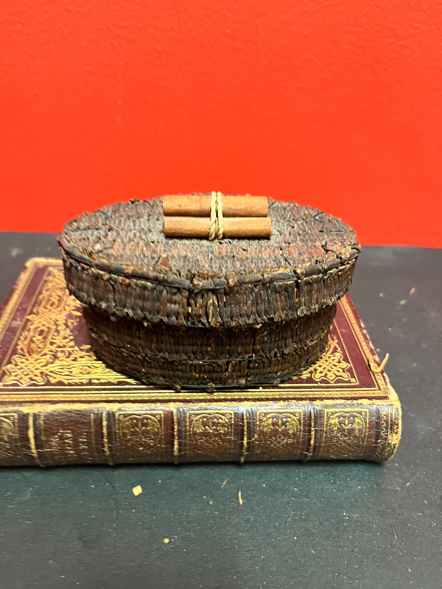 4 1/2 x 3 x 2 high antique unique indigenous First Nations bark basket  hmm  wow  cool piece