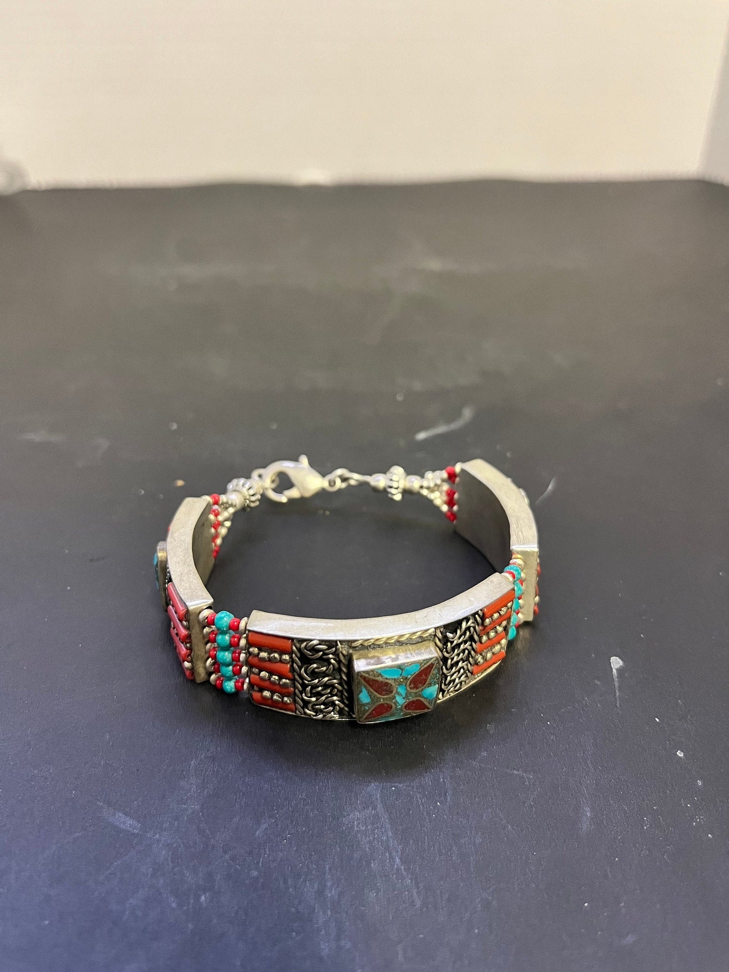 Antique Tibetan, Sterling, turquoise and Coral 8 inch bracelet