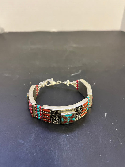 Antique Tibetan, Sterling, turquoise and Coral 8 inch bracelet