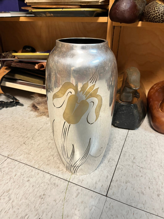 Fabulous 13 inch tall brass and silver plate WMF Ikora Iris vase  one dent