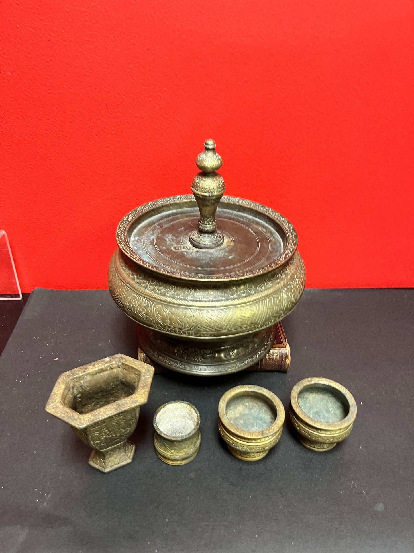 Fabulous 7 x 5 tall bronze heavily engraved middle eastern bezel nut container with accessories  wow