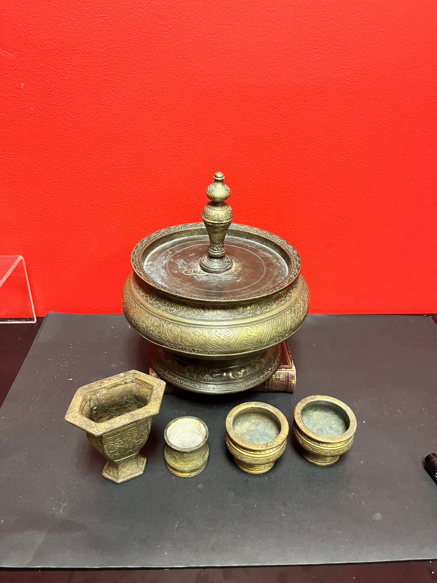 Fabulous 7 x 5 tall bronze heavily engraved middle eastern bezel nut container with accessories  wow