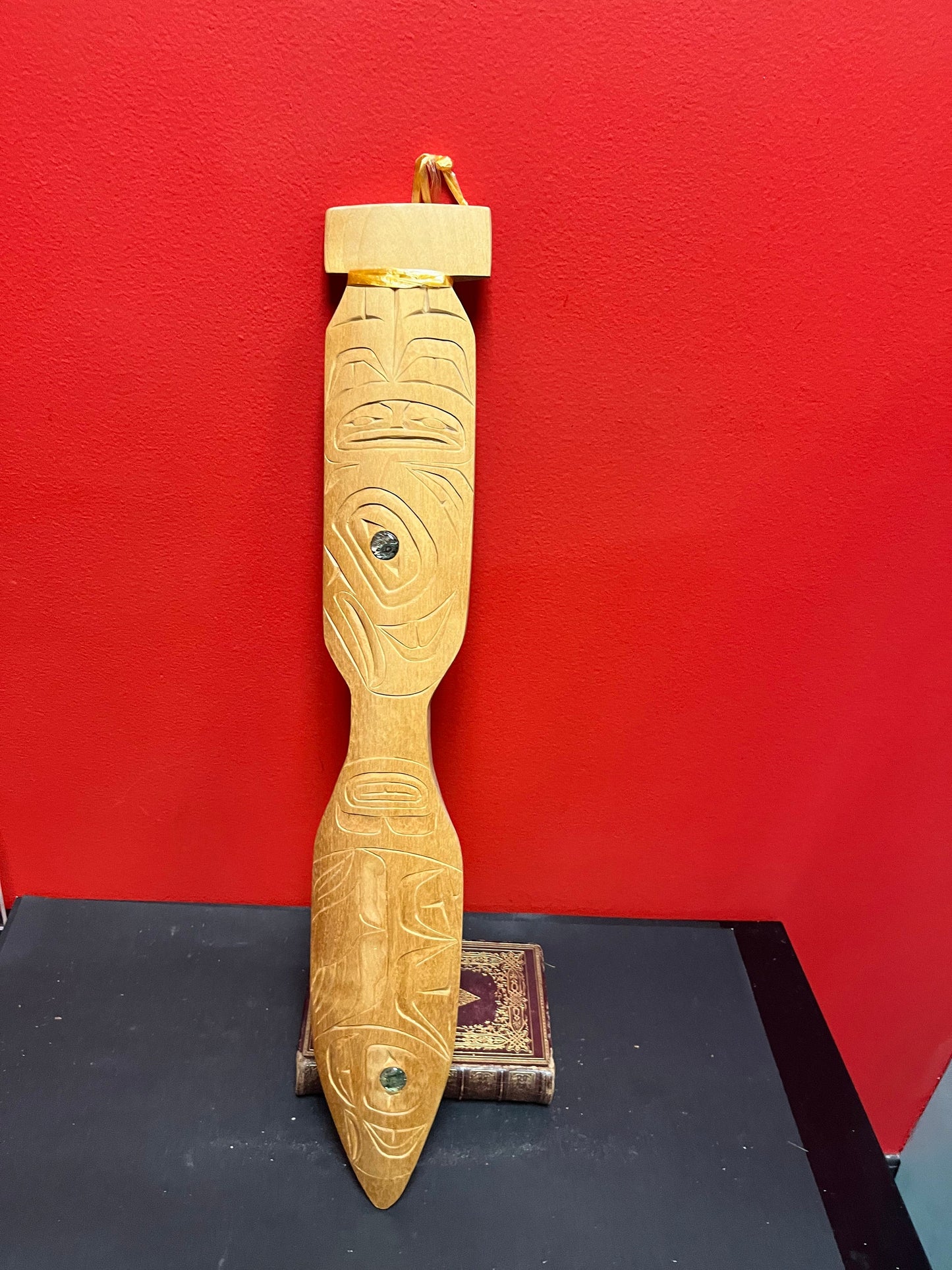 22 x 3.5 fabulous Indigenous first nations pacific northwest coast Cedar eagle salmon plaque paddle with abalone eyes  - wow wow