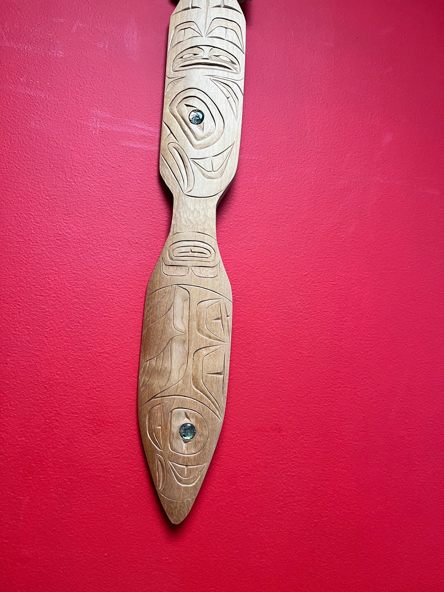 22 x 3.5 fabulous Indigenous first nations pacific northwest coast Cedar eagle salmon plaque paddle with abalone eyes  - wow wow