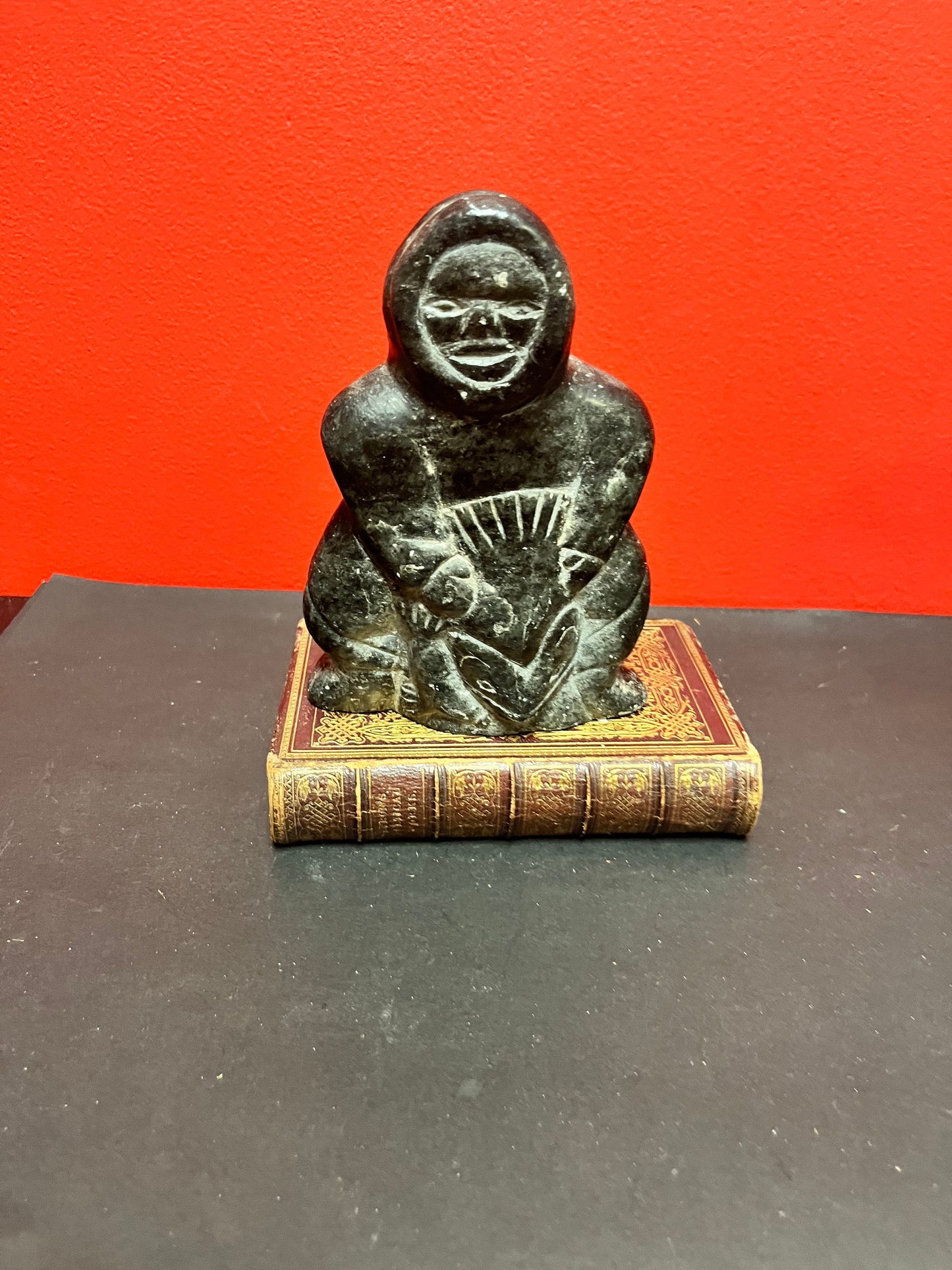 7 inch inuit soapstone statue of a hunter was a fish  1975  great condition