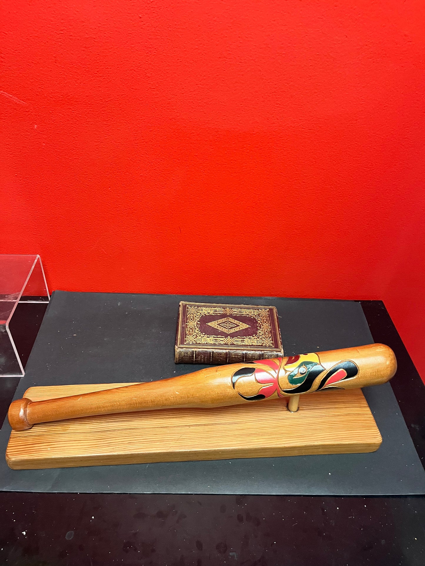 19 x 7 x 4 high authentic indigenous first nations pacific north west coast signed baseball bat on stand  super unique and cool
