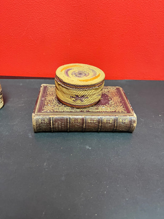 3 1/2 x 2 high tightly woven stunning Indigenous, first nations pacific northwest coast antique basket   fabulous condition