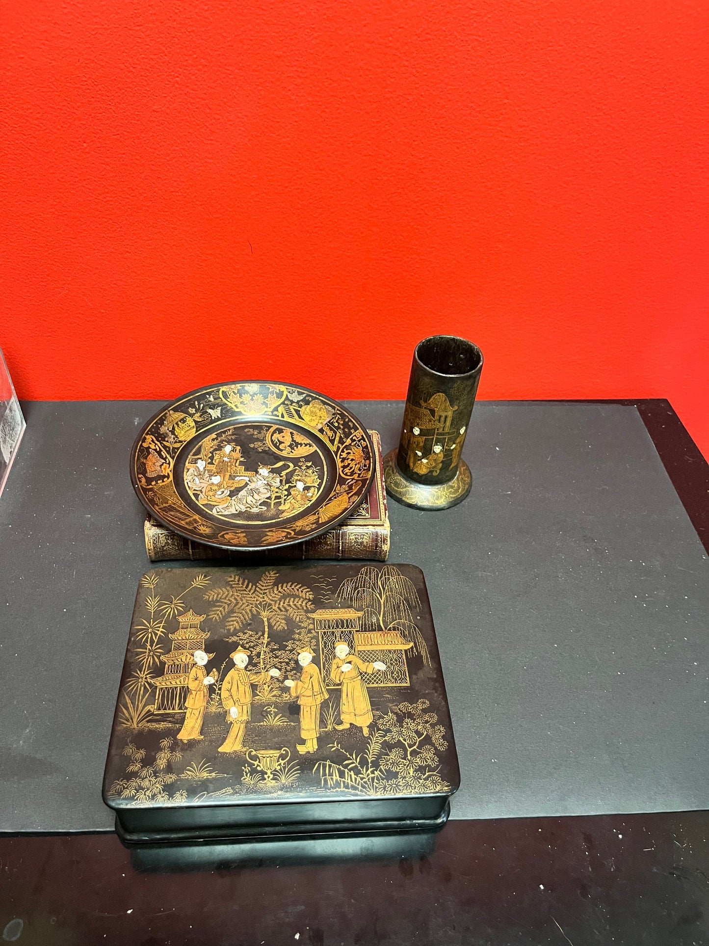 Three pieces of beautiful south East Asian lacquer ware  with gilt decoration  box dish and vase  great gifts