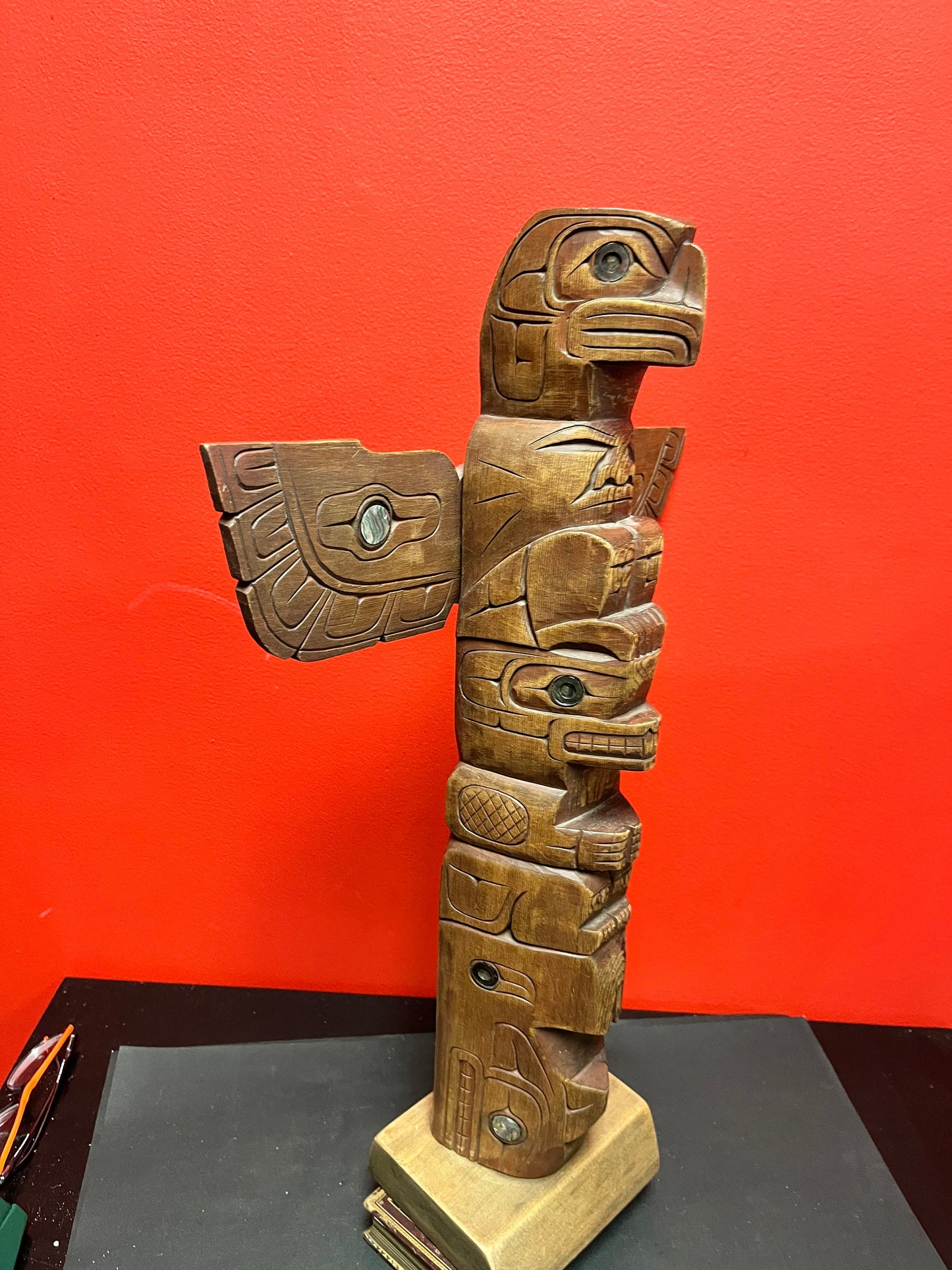 14 x 24 inches tall  indigenous first nations pacific northwest coast signed Fred Baker JR cedar totem pole with abalone  wow