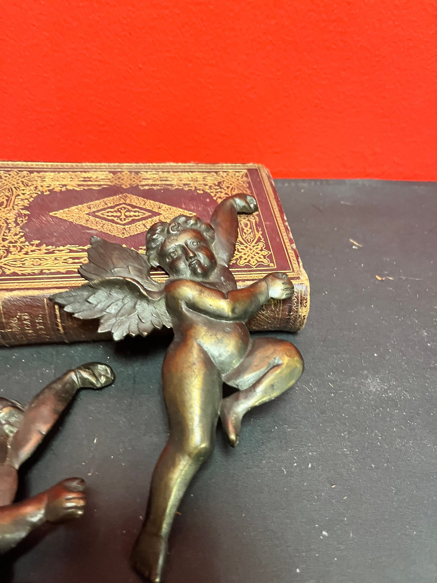 Pair 7 inch tall bronze cherub plaques   Great Patina  multi purpose