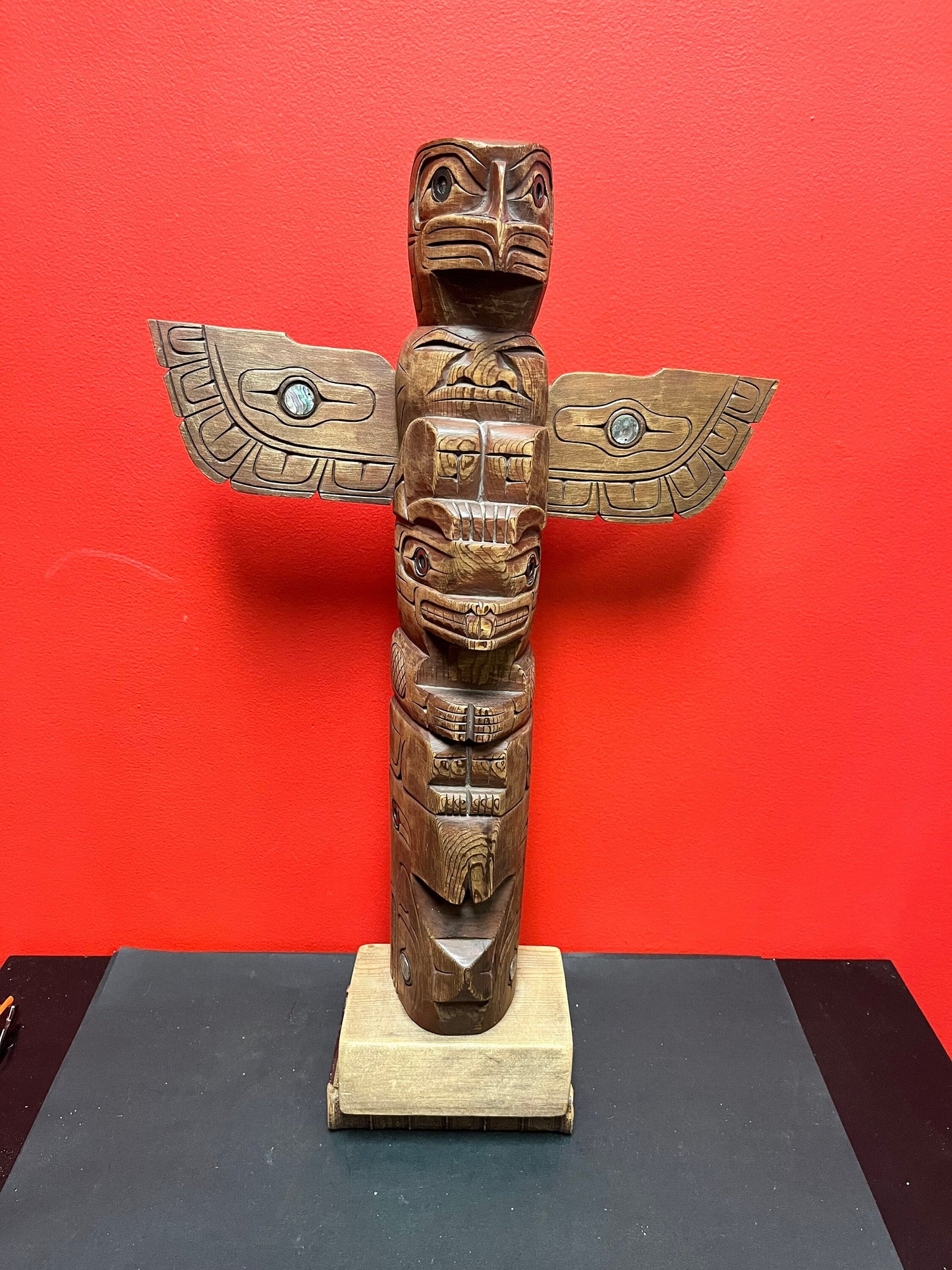 14 x 24 inches tall  indigenous first nations pacific northwest coast signed Fred Baker JR cedar totem pole with abalone  wow