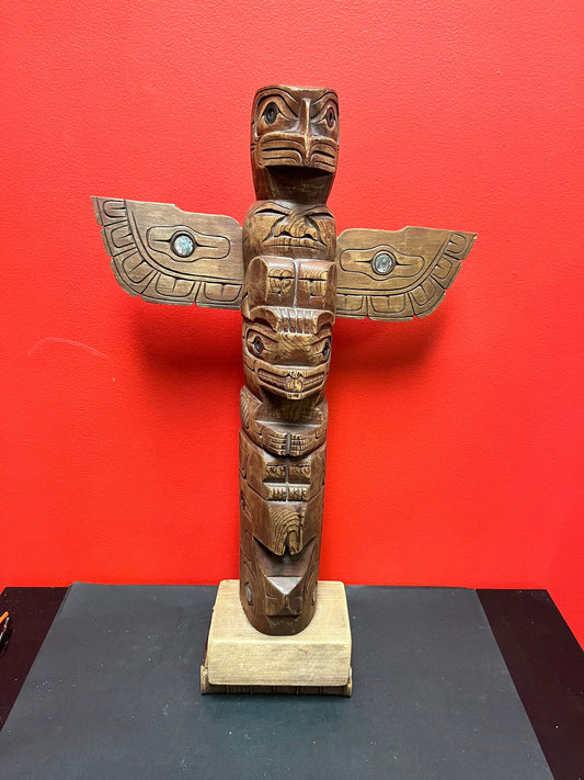 14 x 24 inches tall  indigenous first nations pacific northwest coast signed Fred Baker JR cedar totem pole with abalone  wow