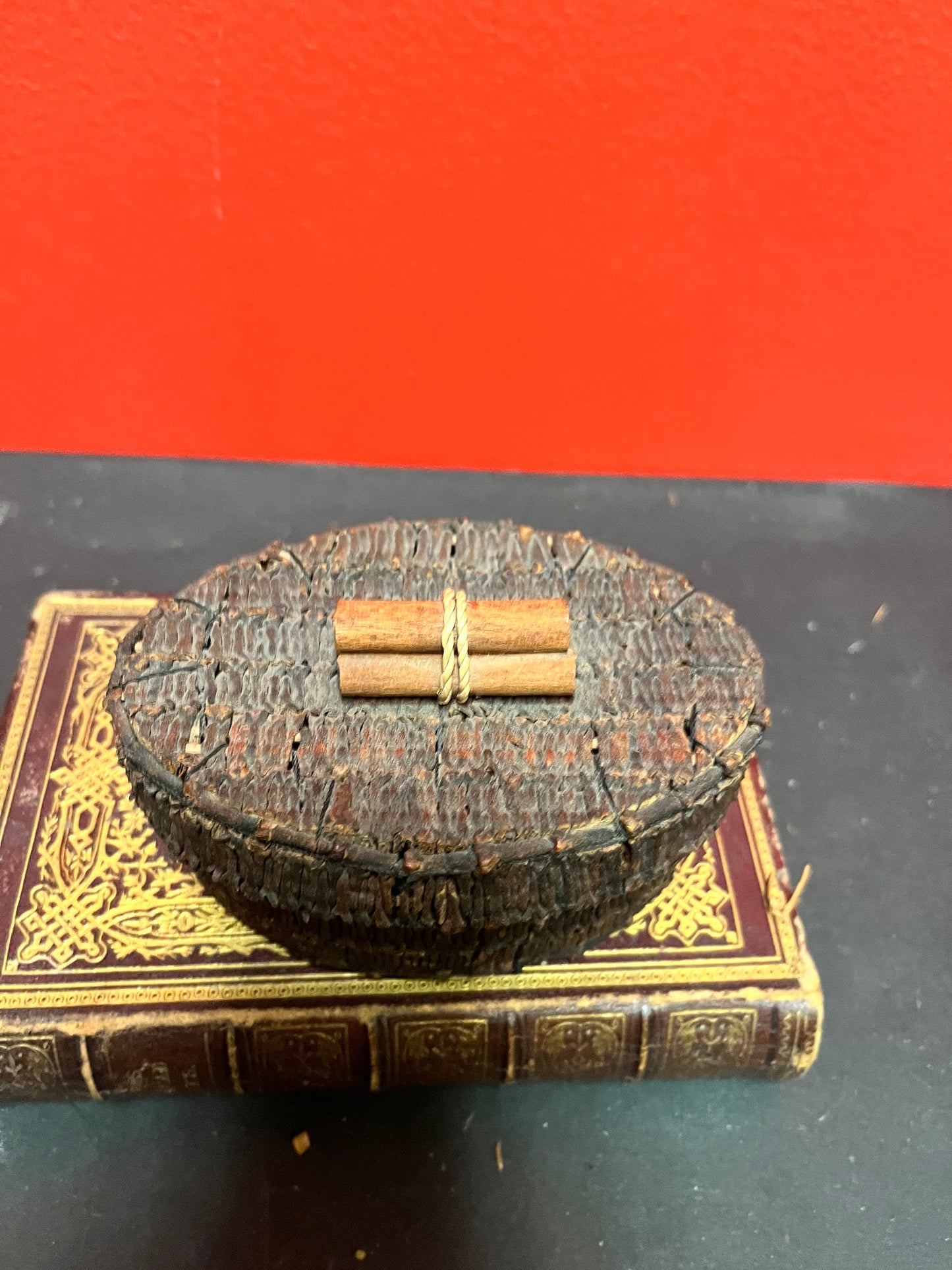 4 1/2 x 3 x 2 high antique unique indigenous First Nations bark basket  hmm  wow  cool piece