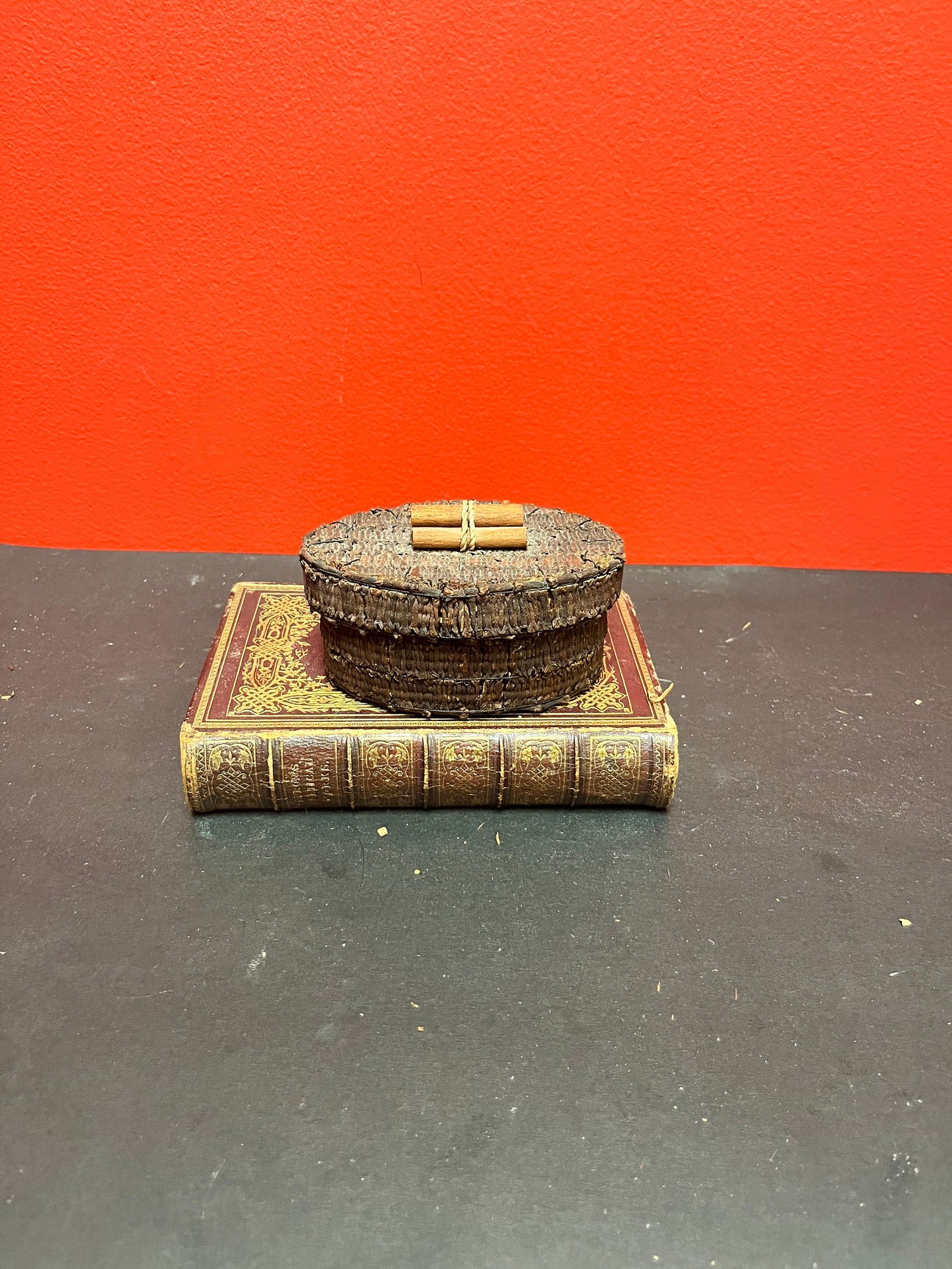 4 1/2 x 3 x 2 high antique unique indigenous First Nations bark basket  hmm  wow  cool piece