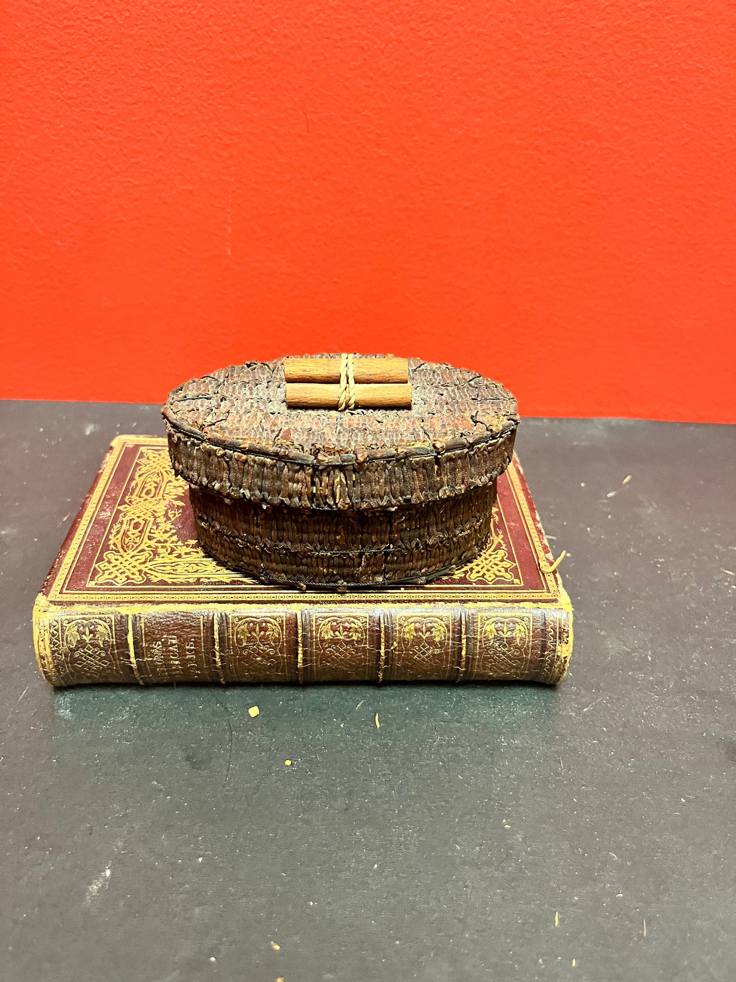 4 1/2 x 3 x 2 high antique unique indigenous First Nations bark basket  hmm  wow  cool piece