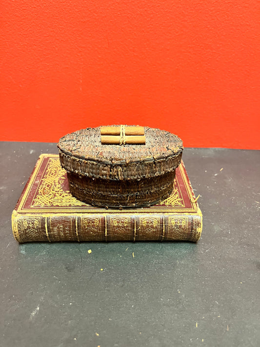 4 1/2 x 3 x 2 high antique unique indigenous First Nations bark basket  hmm  wow  cool piece