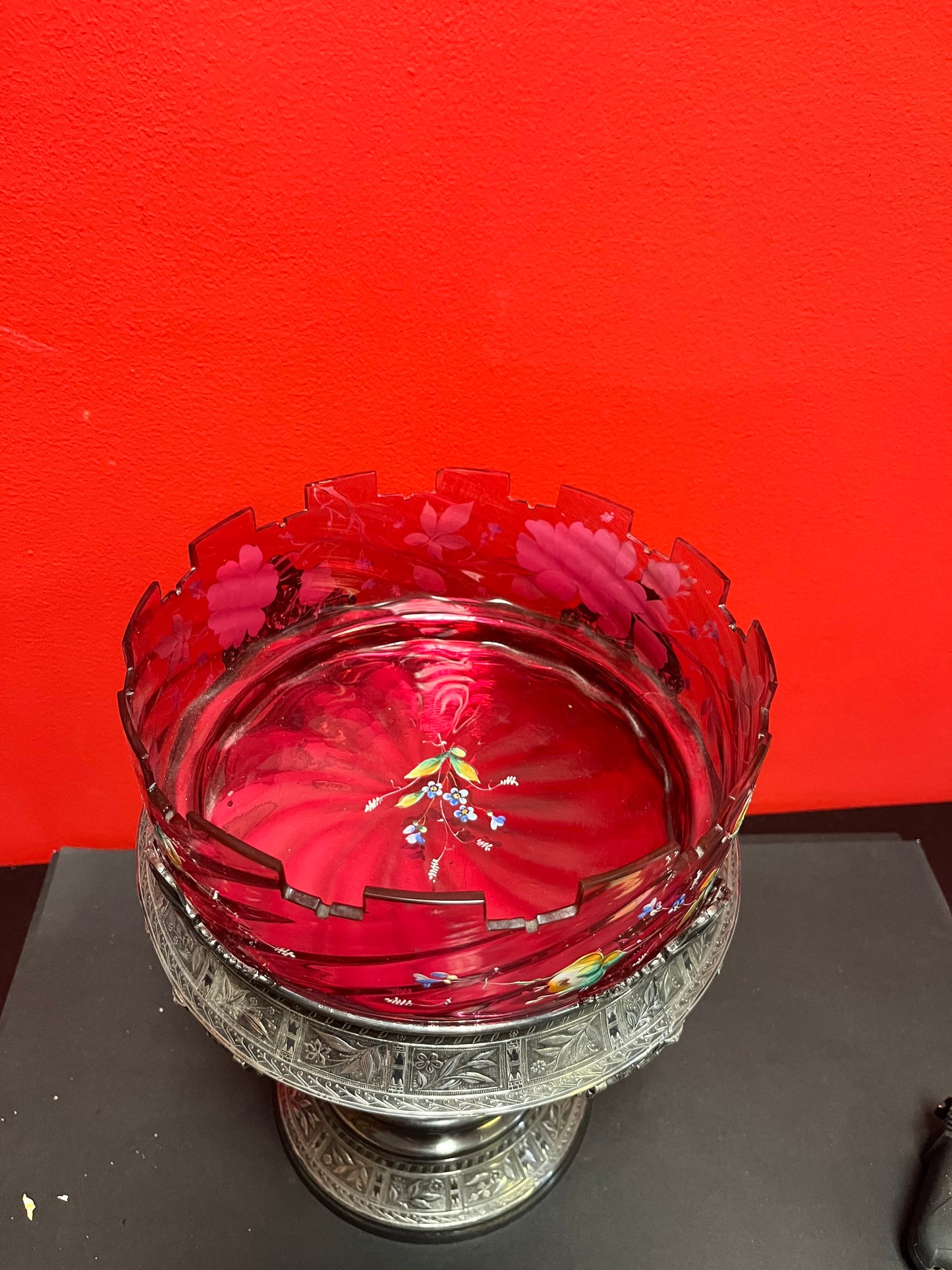 Stunning late 19 century cranberry glass and silver plate bridal basket on stand  wonderful condition  masterpiece