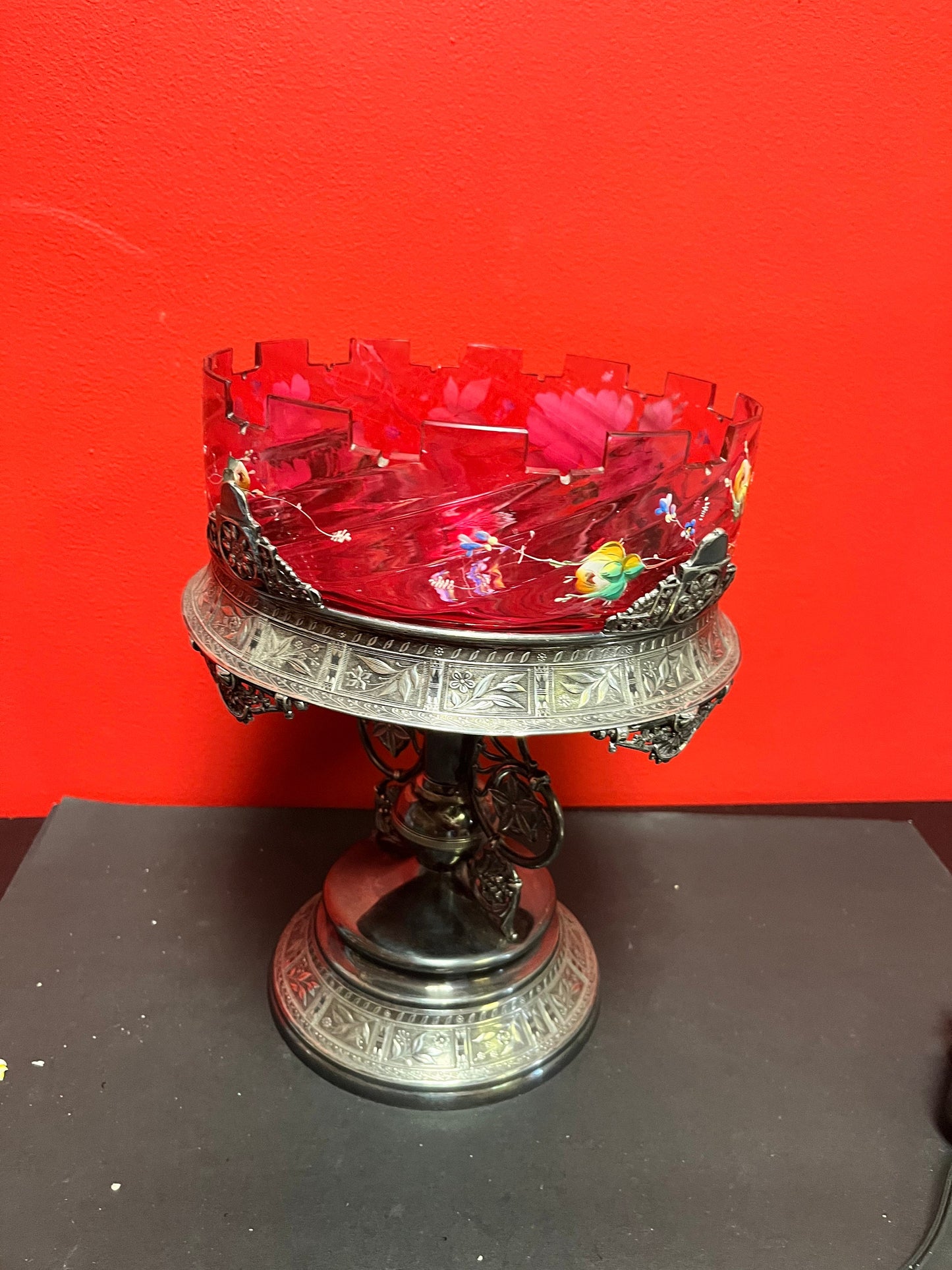 Stunning late 19 century cranberry glass and silver plate bridal basket on stand  wonderful condition  masterpiece