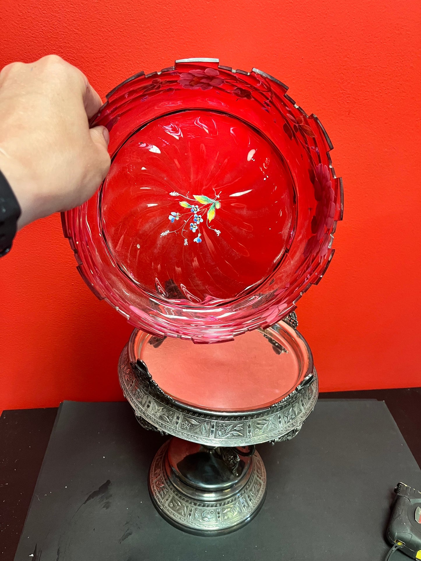 Stunning late 19 century cranberry glass and silver plate bridal basket on stand  wonderful condition  masterpiece