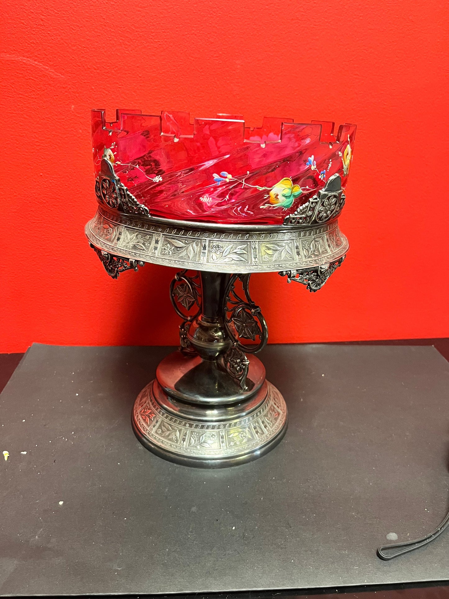 Stunning late 19 century cranberry glass and silver plate bridal basket on stand  wonderful condition  masterpiece