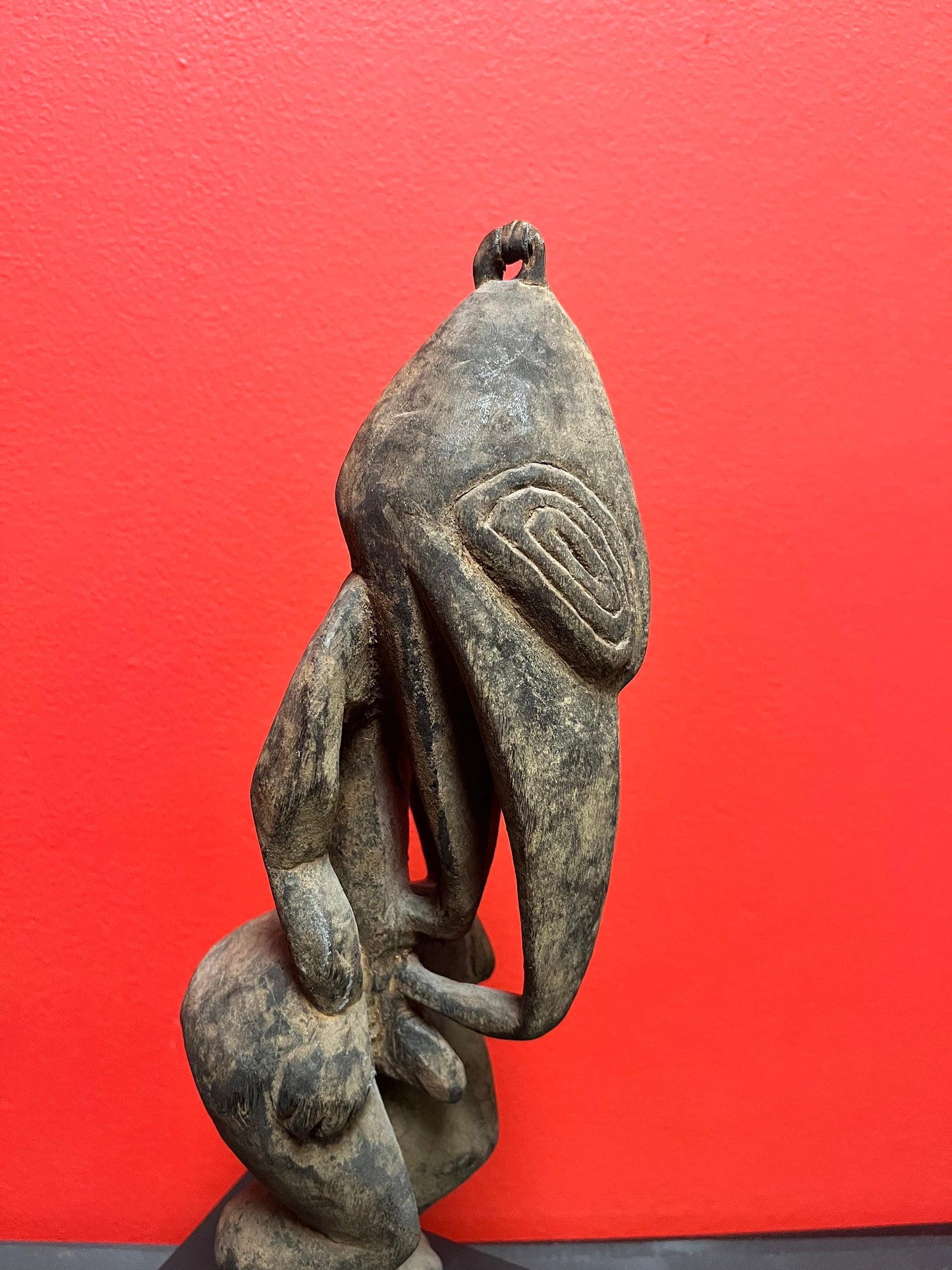 Very rare museum quality 14 inch tall Papua New Guinea 19th century statue on stand  wonderful look and patina