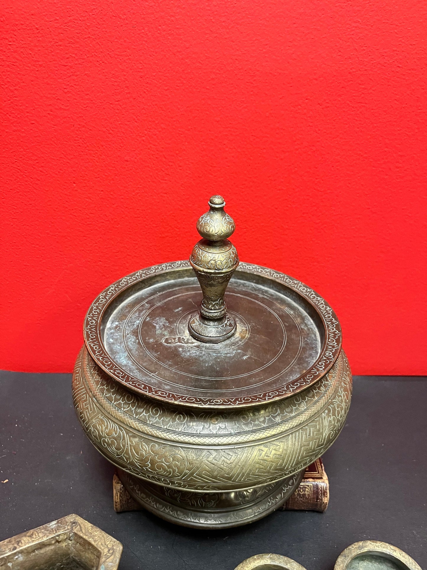 Fabulous 7 x 5 tall bronze heavily engraved middle eastern bezel nut container with accessories  wow