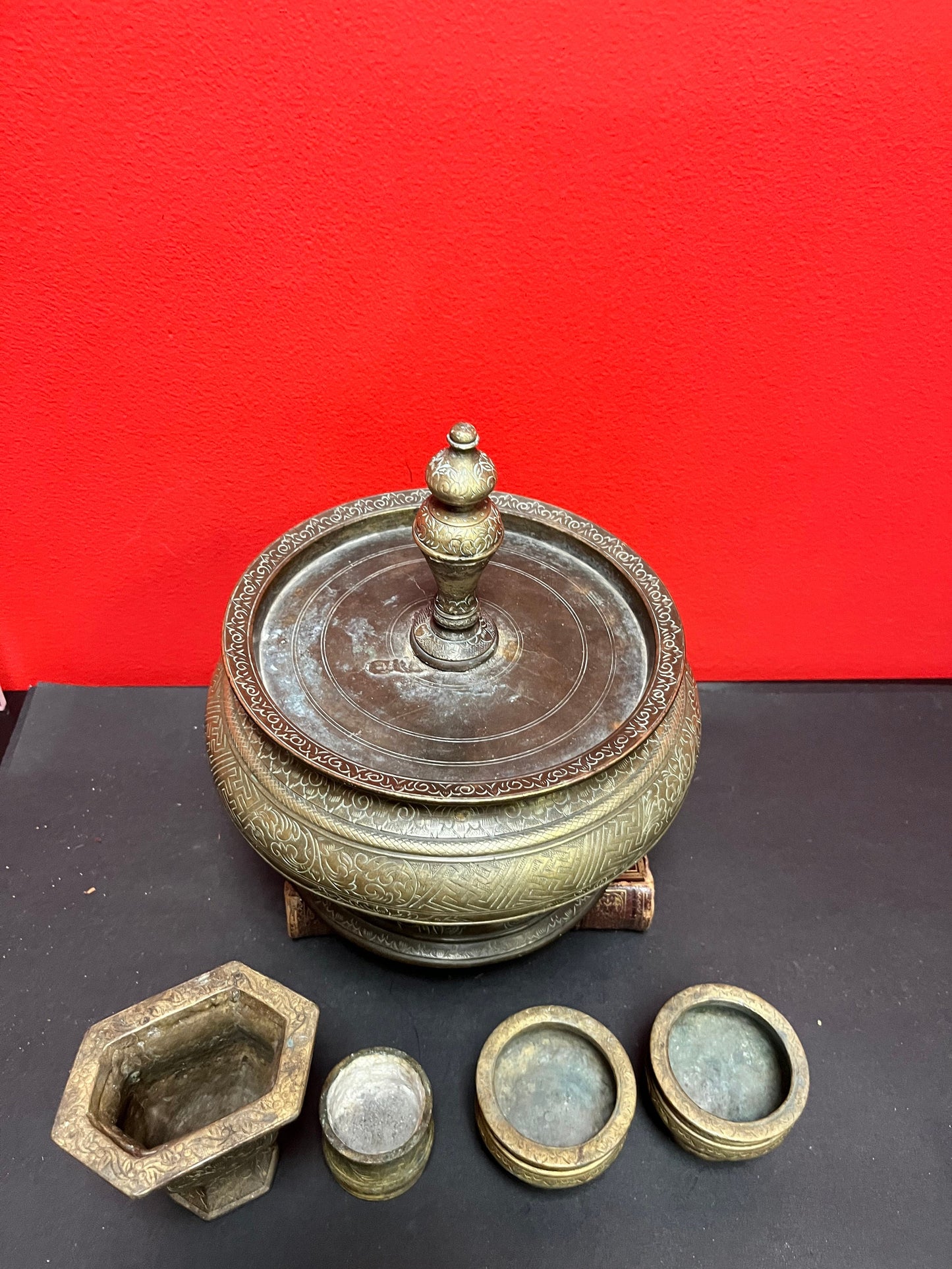 Fabulous 7 x 5 tall bronze heavily engraved middle eastern bezel nut container with accessories  wow