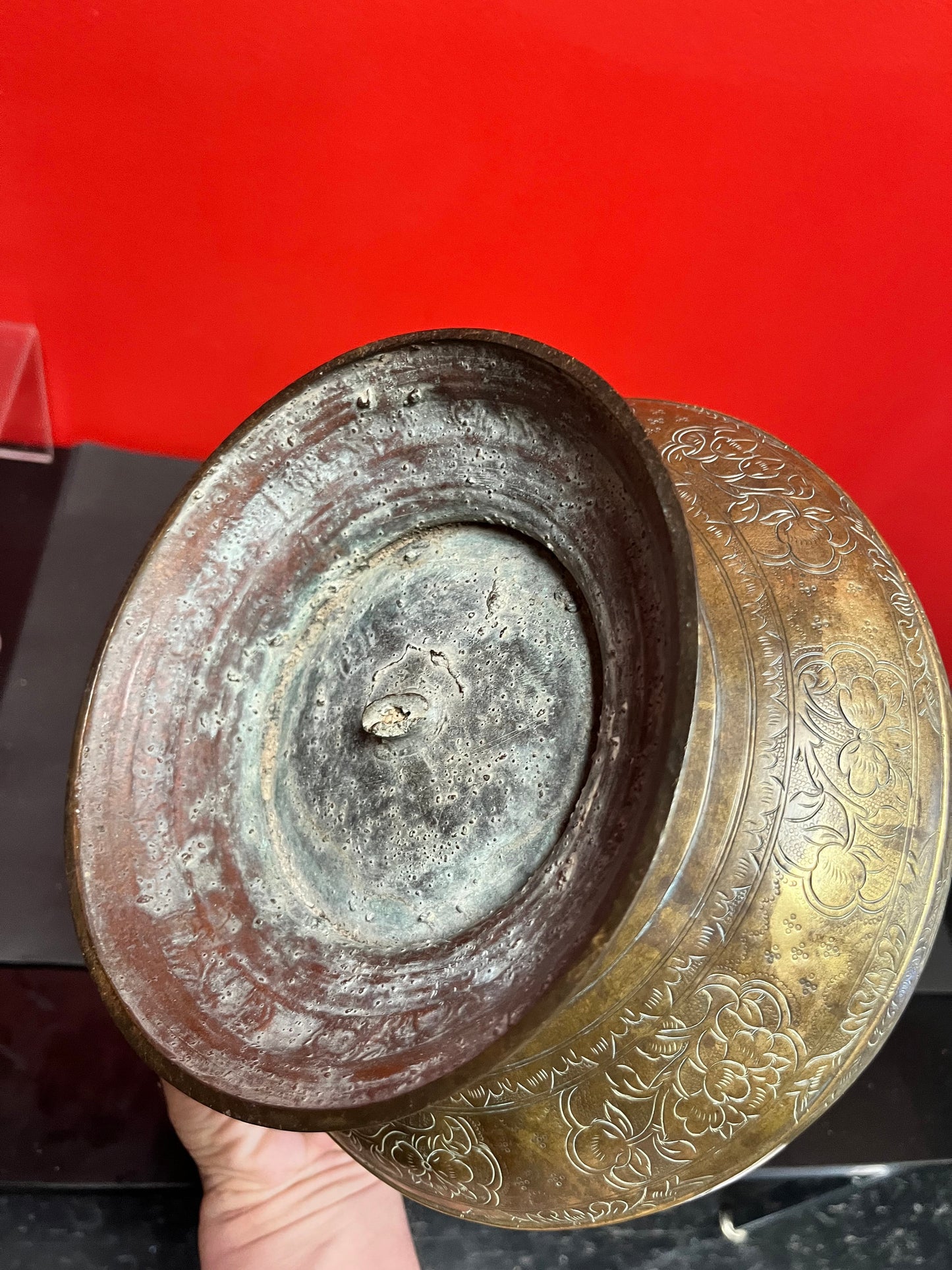 Fabulous 7 x 5 tall bronze heavily engraved middle eastern bezel nut container with accessories  wow