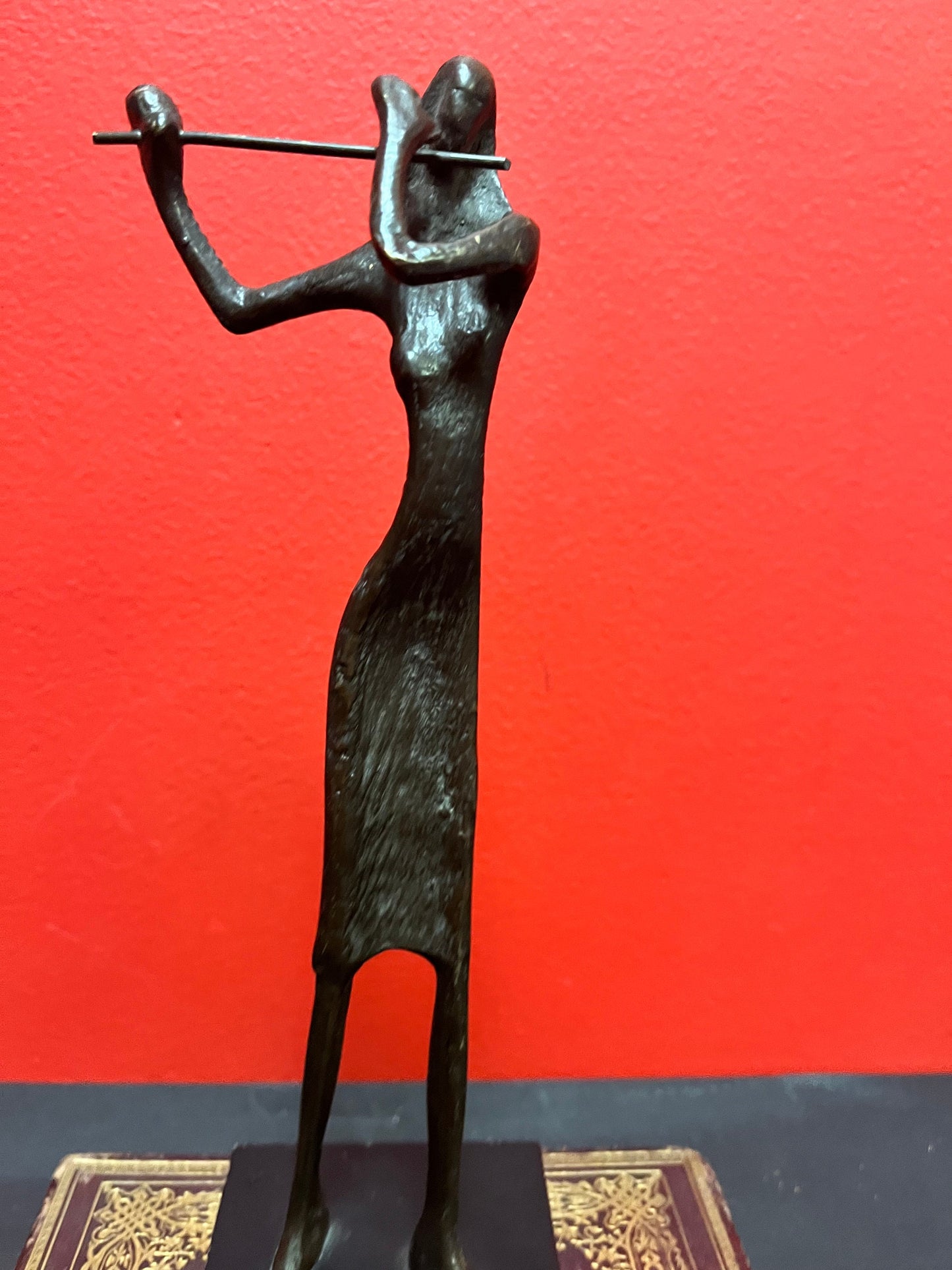 Lovely stylized 10 inch bronze flutist and on stand  super gift