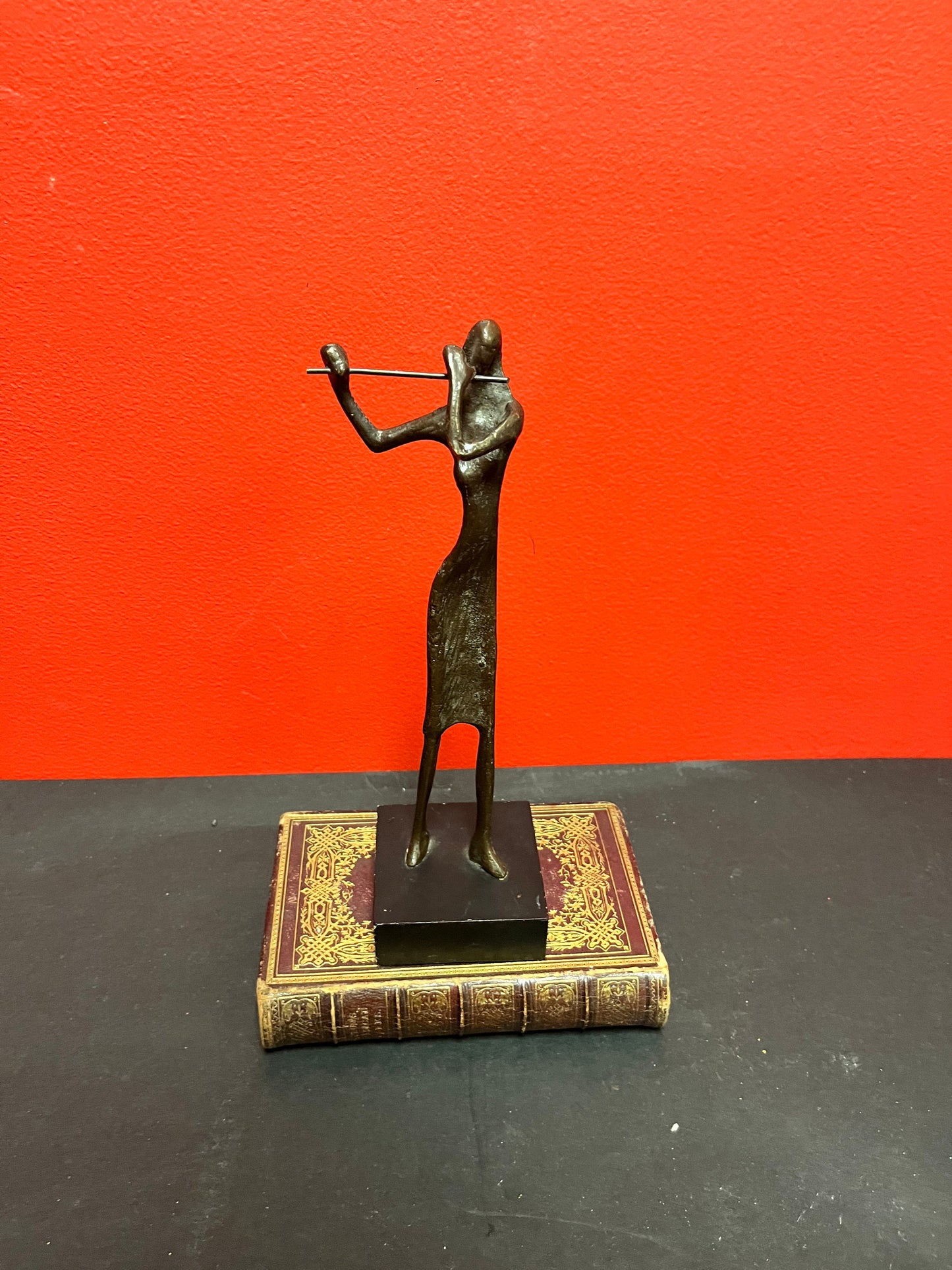 Lovely stylized 10 inch bronze flutist and on stand  super gift