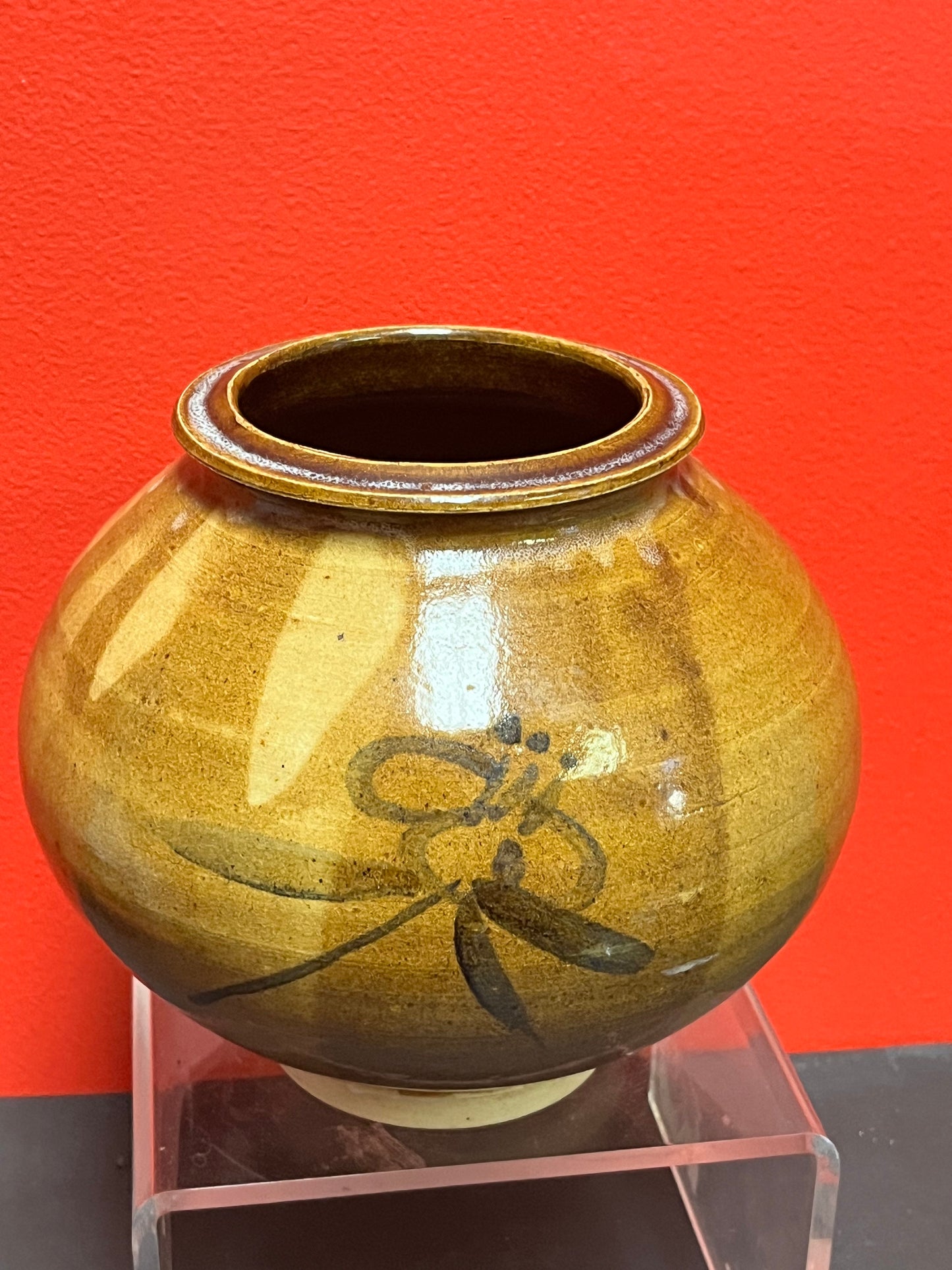 Lovely Canadian Japanese inspired pottery vessel  or vase  spectacular glaze, signed  8 inches high