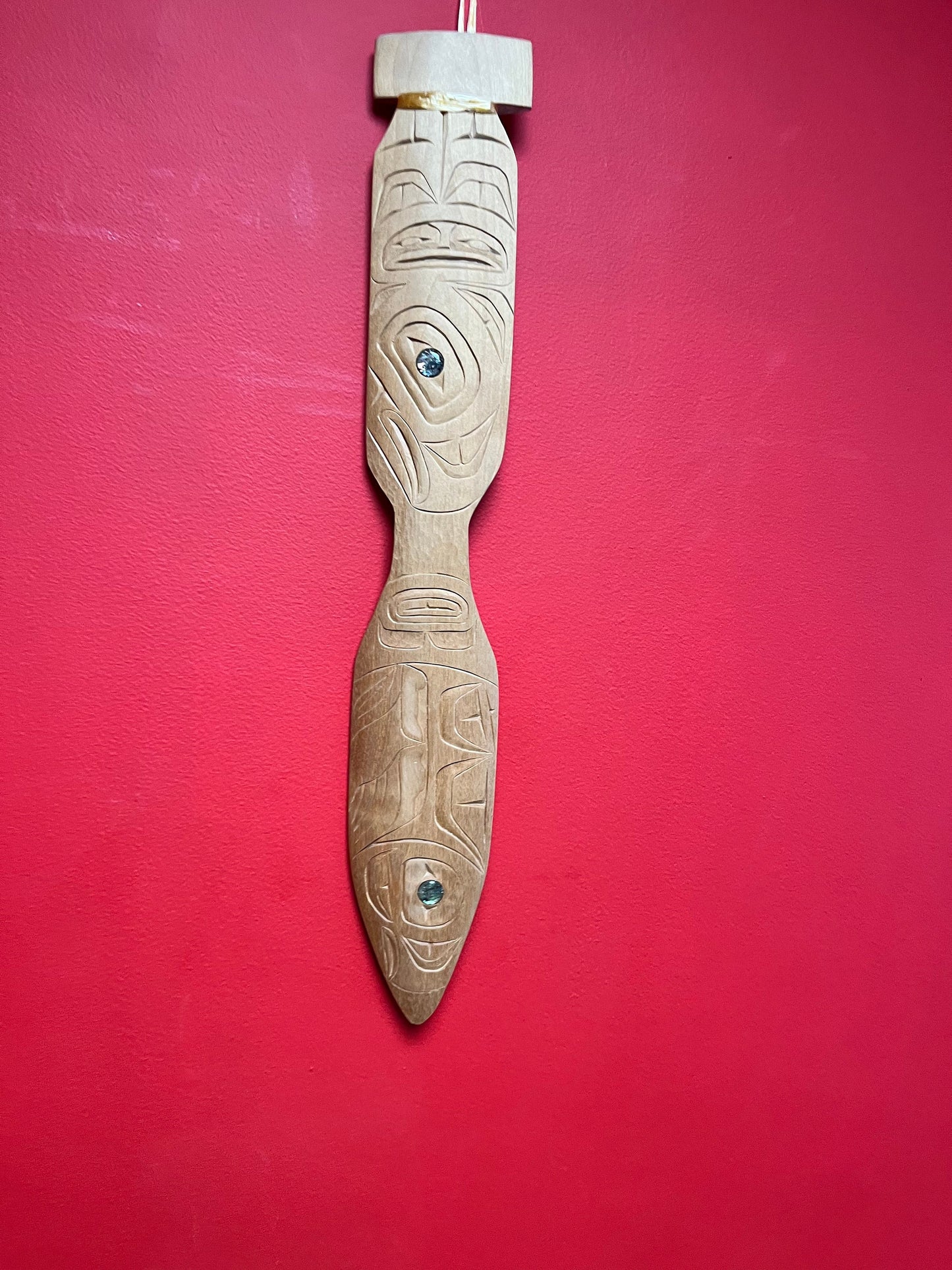 22 x 3.5 fabulous Indigenous first nations pacific northwest coast Cedar eagle salmon plaque paddle with abalone eyes  - wow wow