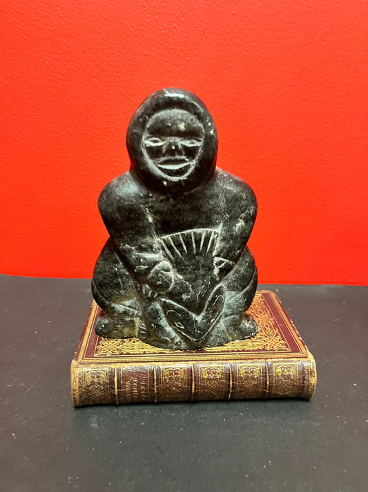 7 inch inuit soapstone statue of a hunter was a fish  1975  great condition