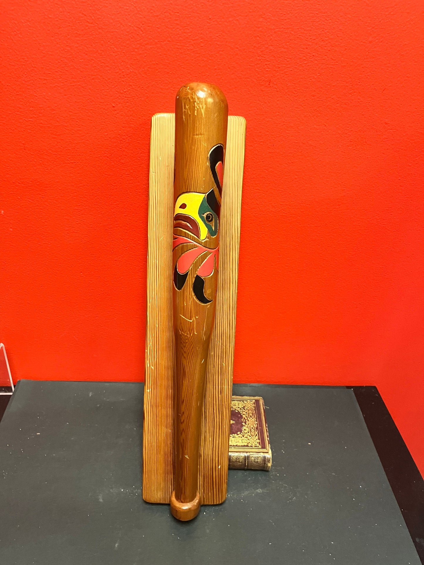 19 x 7 x 4 high authentic indigenous first nations pacific north west coast signed baseball bat on stand  super unique and cool