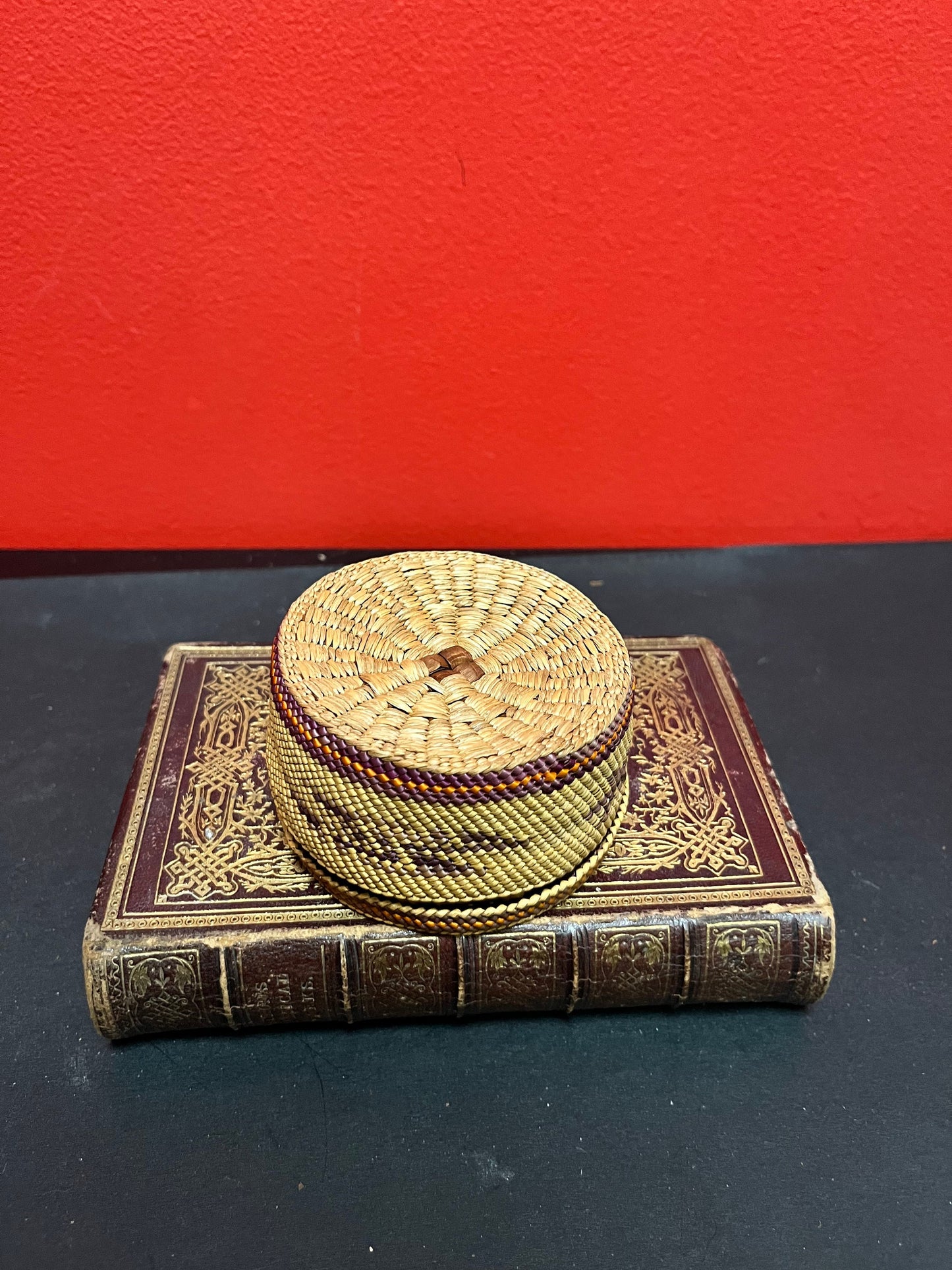 3 1/2 x 2 high tightly woven stunning Indigenous, first nations pacific northwest coast antique basket   fabulous condition