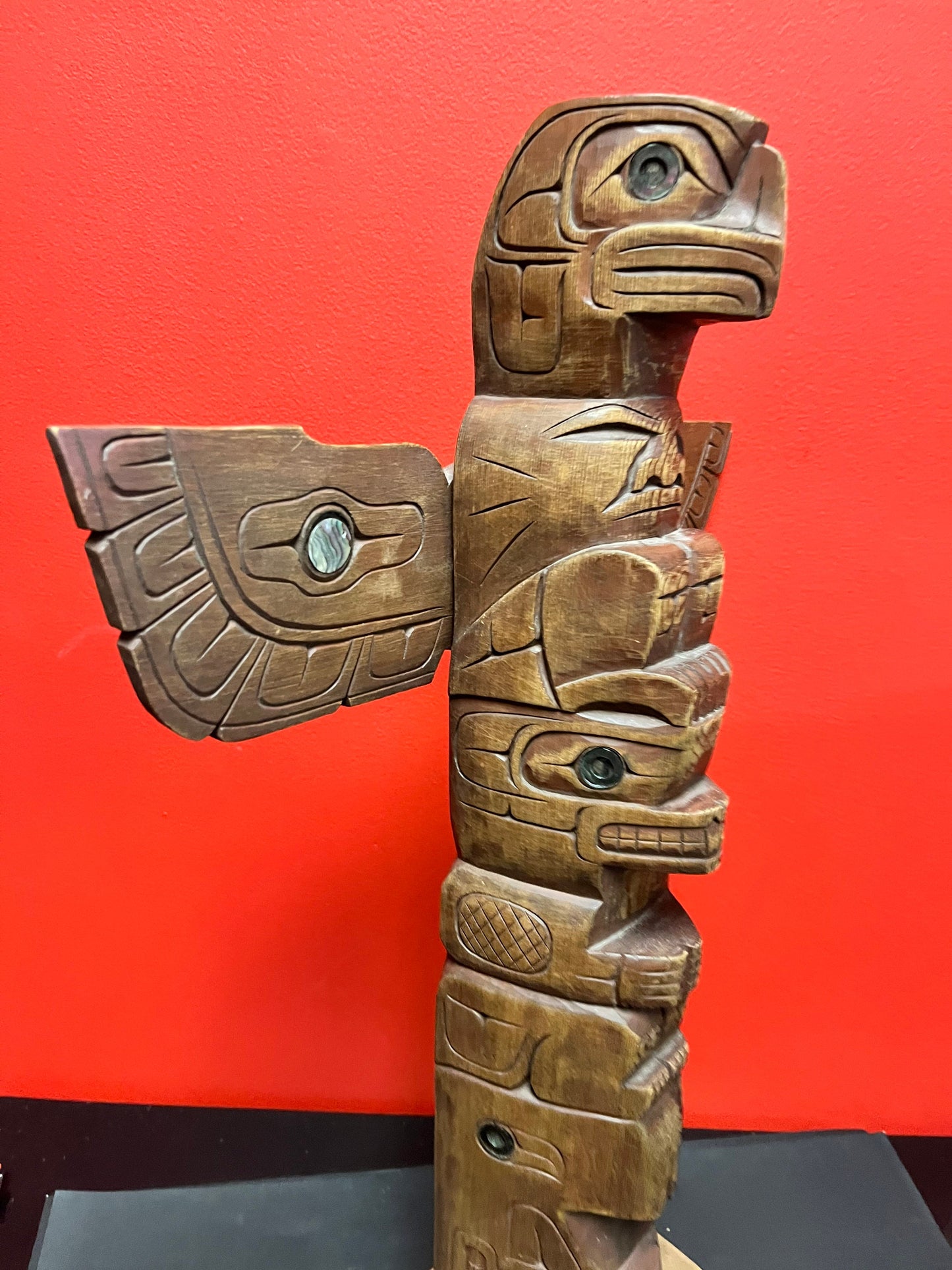 14 x 24 inches tall  indigenous first nations pacific northwest coast signed Fred Baker JR cedar totem pole with abalone  wow