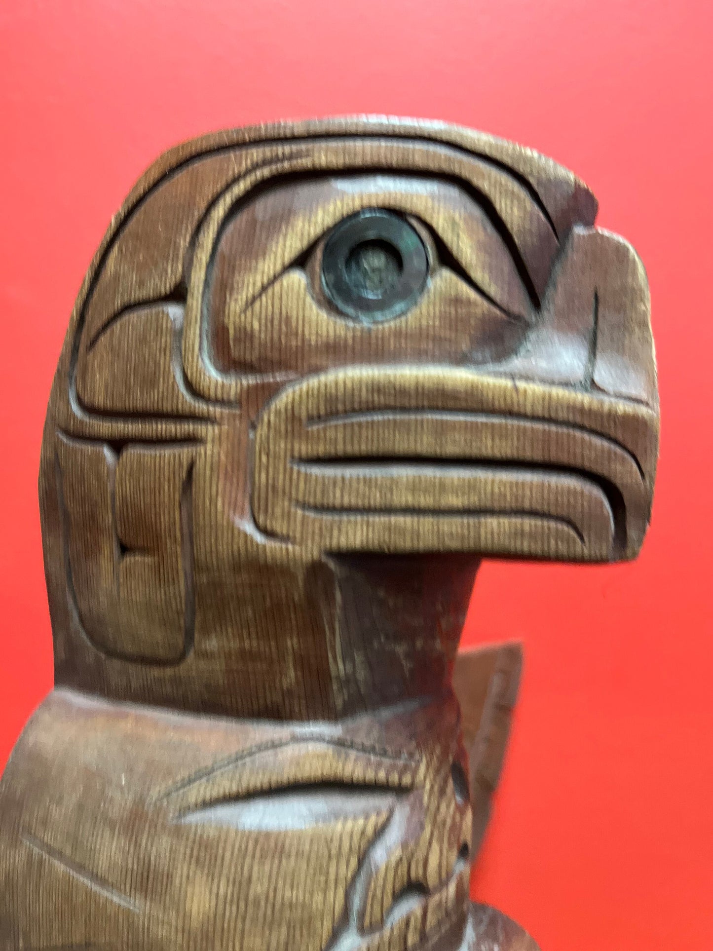 14 x 24 inches tall  indigenous first nations pacific northwest coast signed Fred Baker JR cedar totem pole with abalone  wow