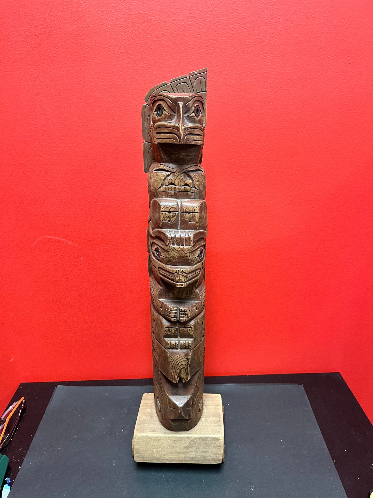 14 x 24 inches tall  indigenous first nations pacific northwest coast signed Fred Baker JR cedar totem pole with abalone  wow