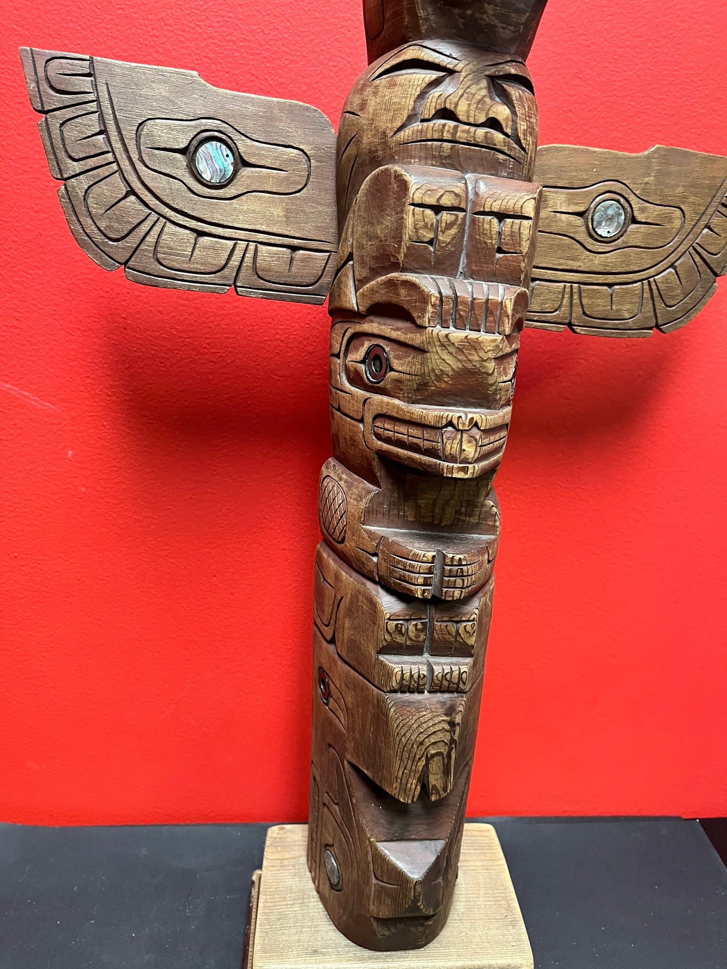 14 x 24 inches tall  indigenous first nations pacific northwest coast signed Fred Baker JR cedar totem pole with abalone  wow
