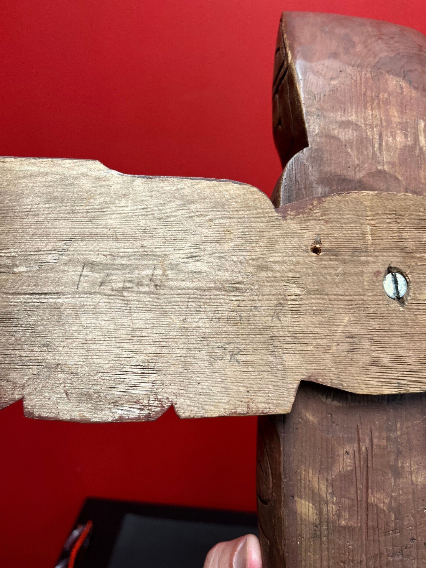 14 x 24 inches tall  indigenous first nations pacific northwest coast signed Fred Baker JR cedar totem pole with abalone  wow