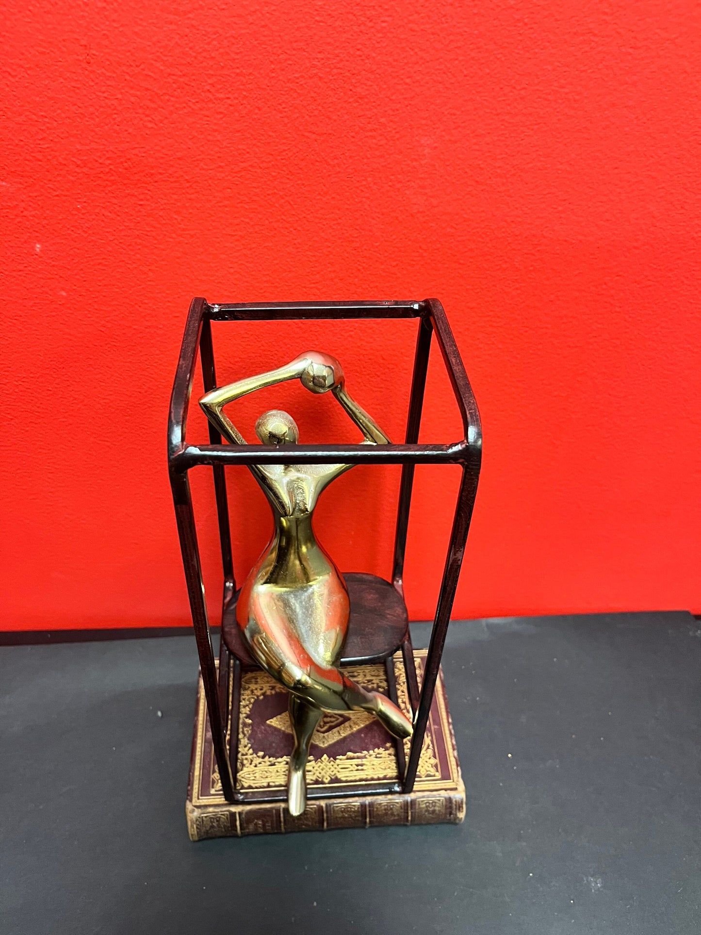 Stunning 11 x 4 wide bronze and brass deco nude in a cage   fabulous look  moderne beauty