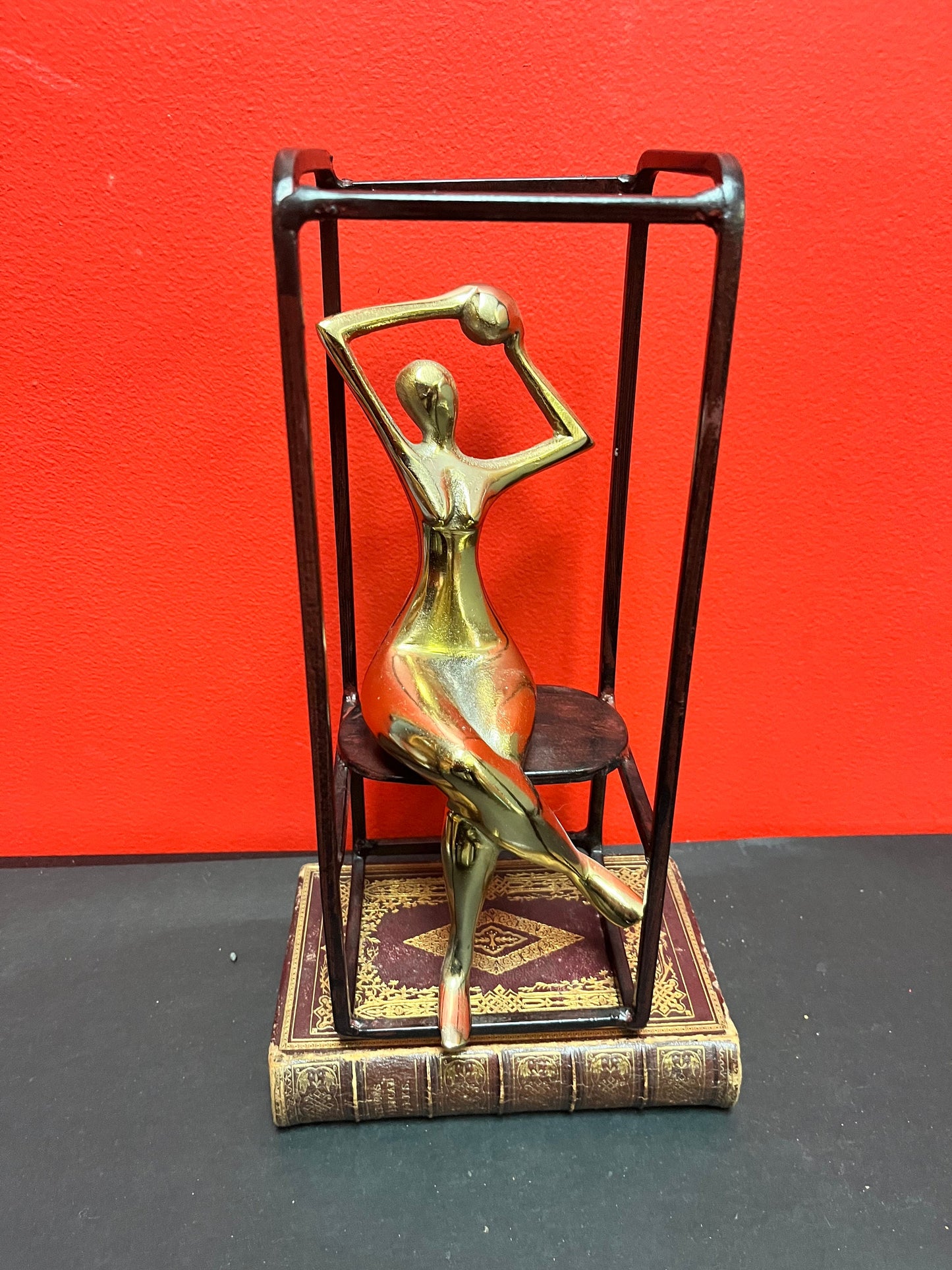 Stunning 11 x 4 wide bronze and brass deco nude in a cage   fabulous look  moderne beauty