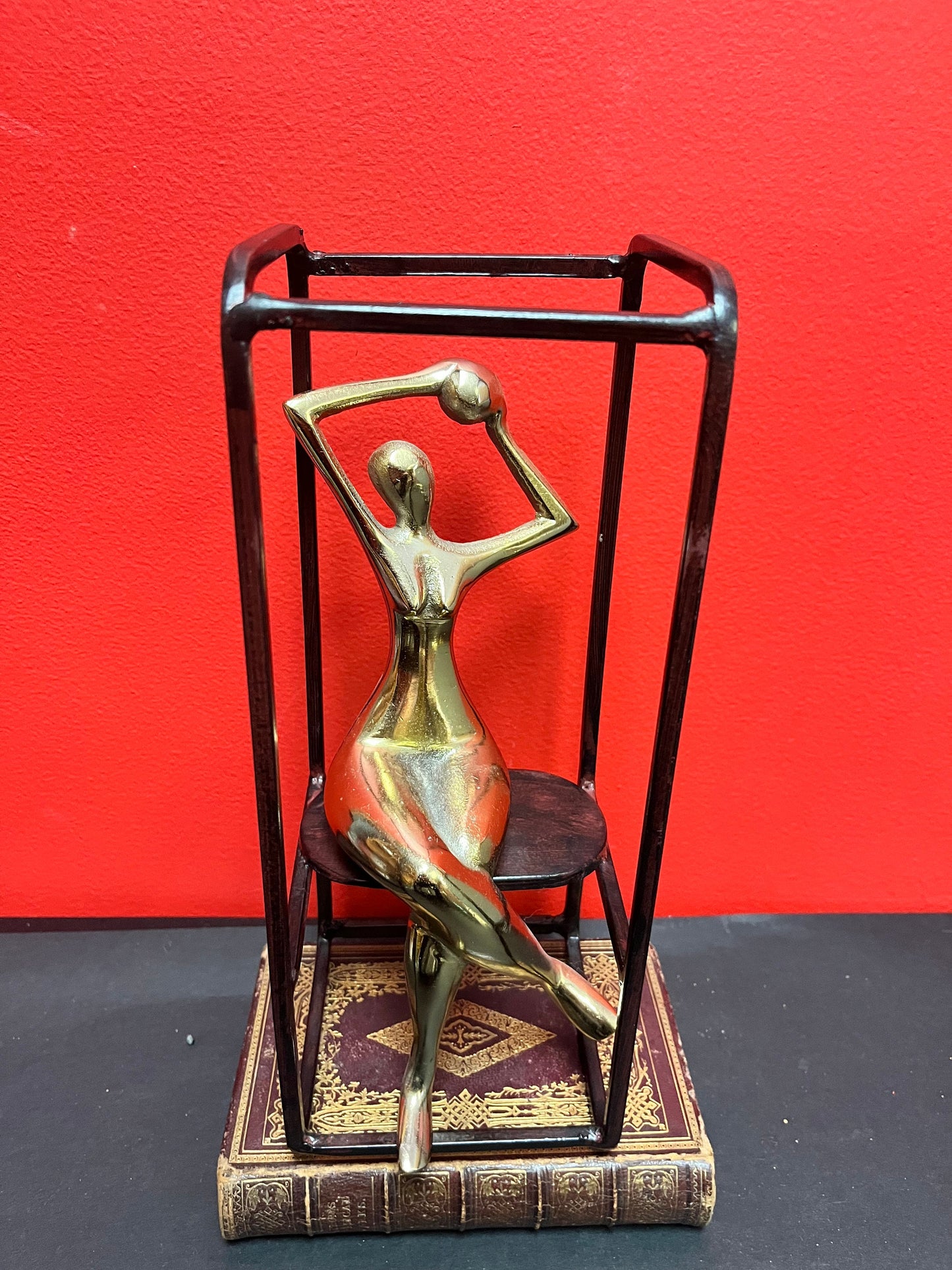 Stunning 11 x 4 wide bronze and brass deco nude in a cage   fabulous look  moderne beauty