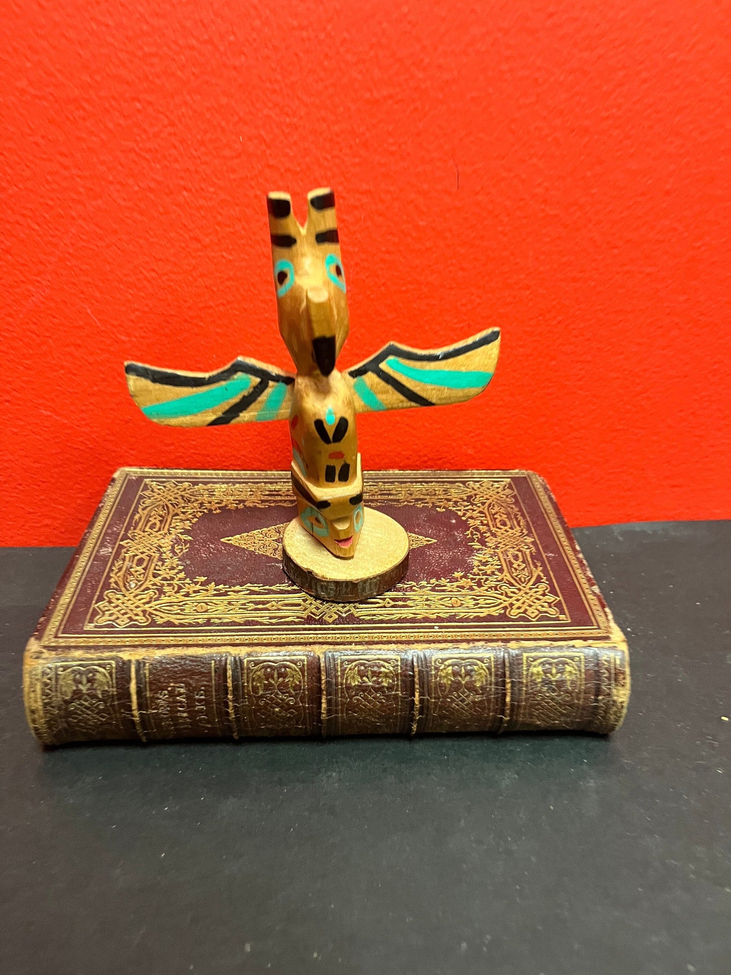 A  5 x 4 1/2 wide  unusual 1950s indigenous, first nations Pacific Northwest polychrome totem pole - great colours