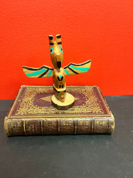 A  5 x 4 1/2 wide  unusual 1950s indigenous, first nations Pacific Northwest polychrome totem pole - great colours