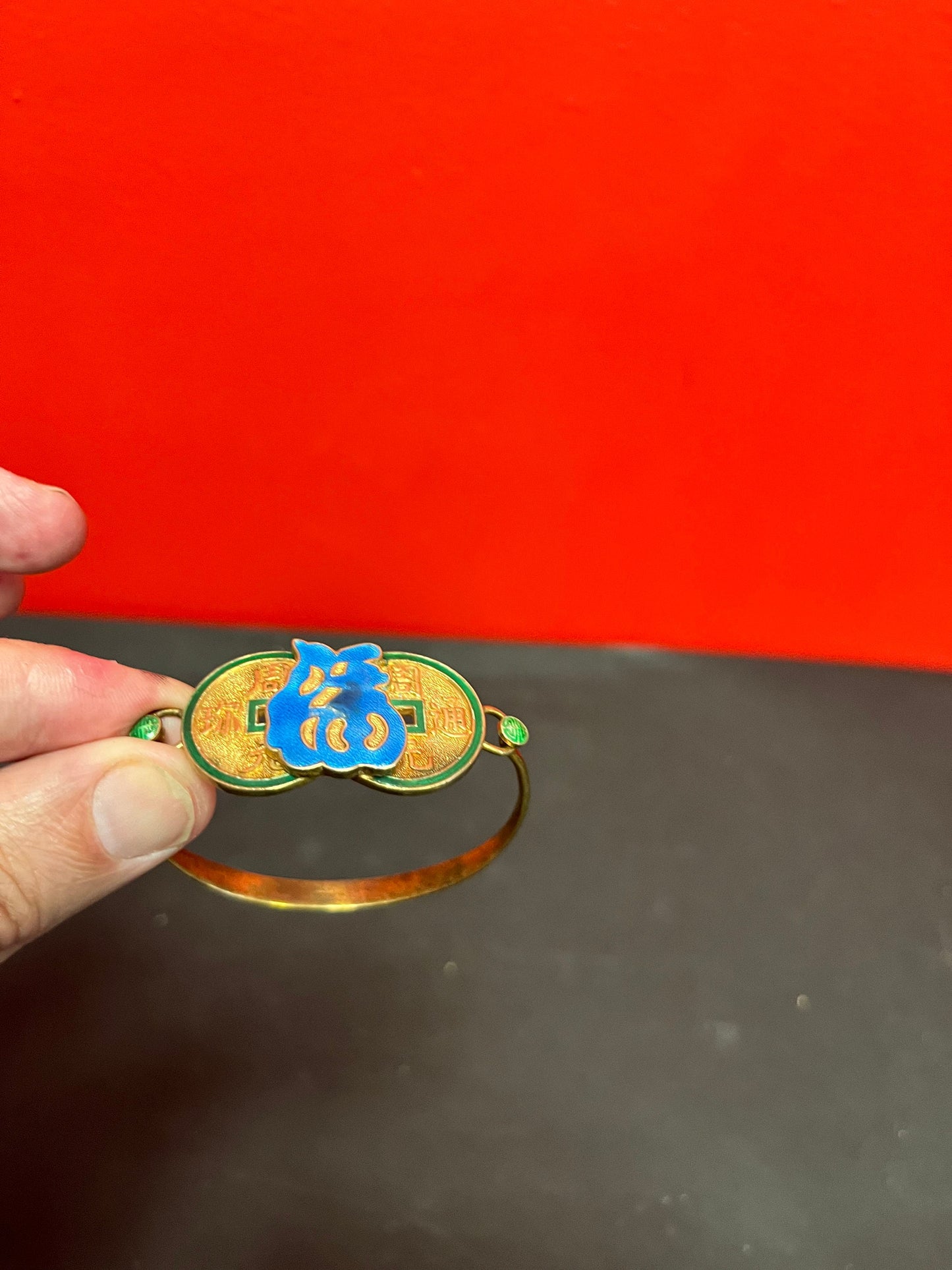 2.25 inch wide Chinese silver  and enamel bracelet.