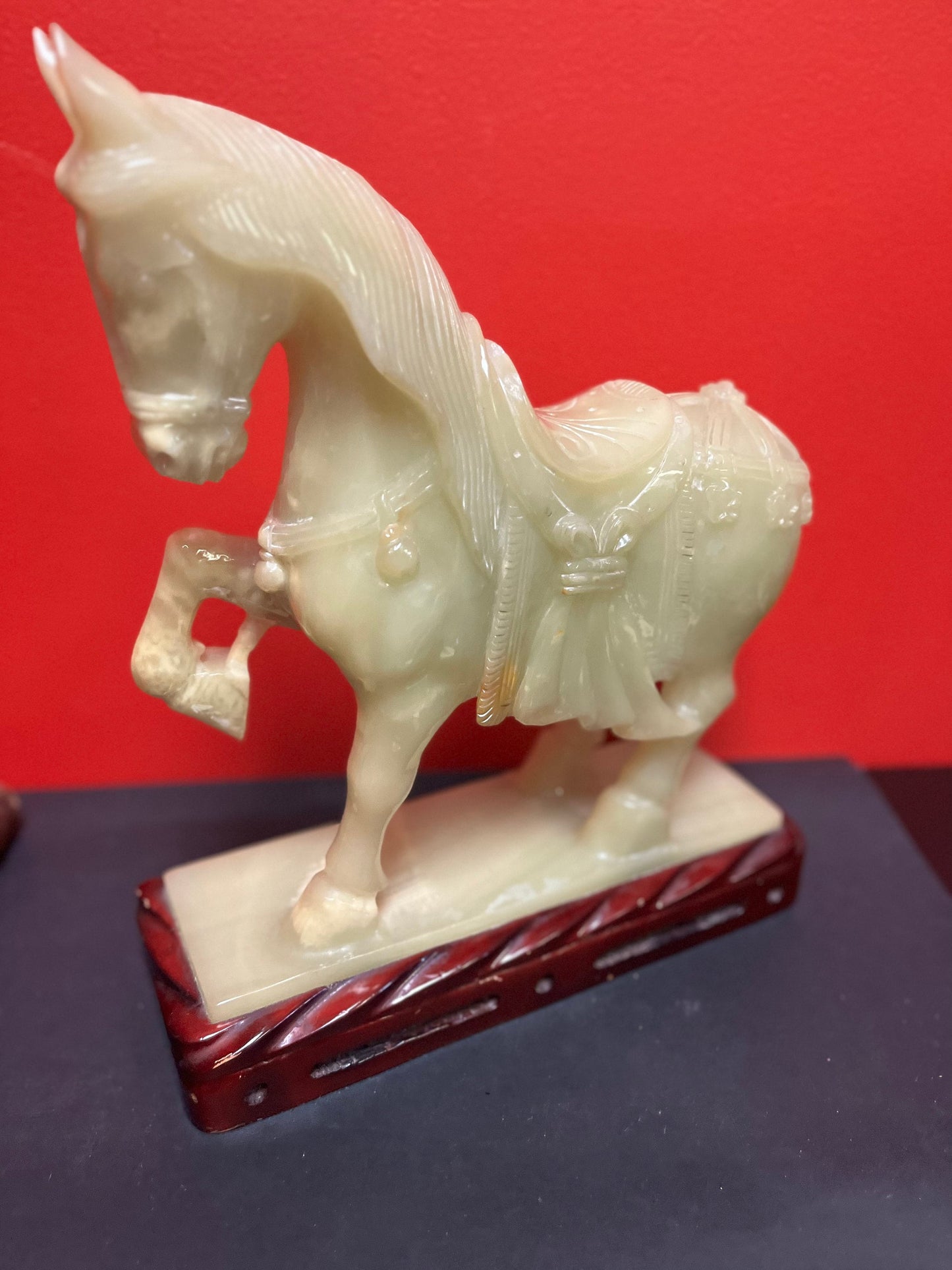 extremely rare and wonderful 13 x 15 high chinese stone horse on Rosewood base   believed to be jade or jadeite  very very heavy - wow